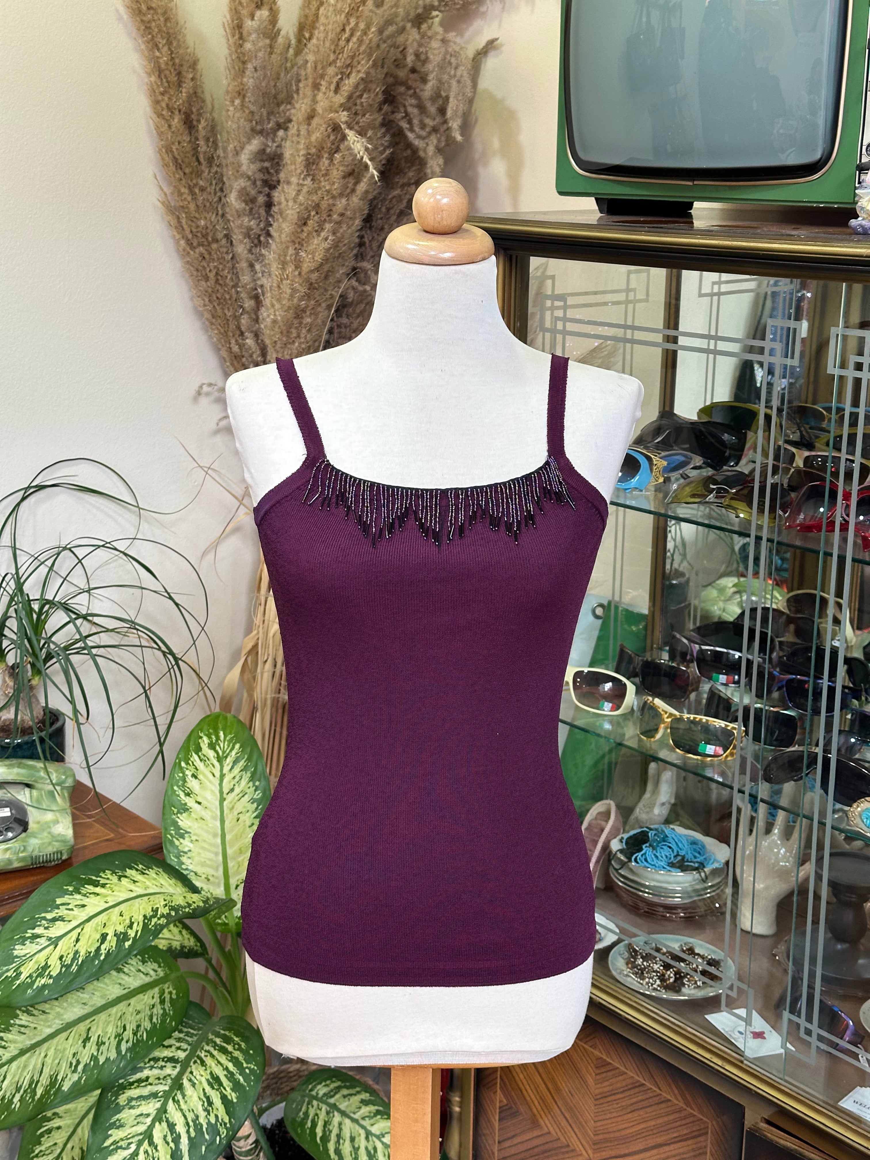 Plum Knit Camisole with Beaded Fringe Detail