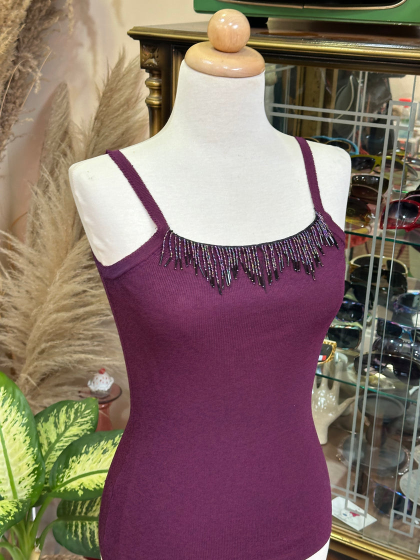Plum Knit Camisole with Beaded Fringe Detail