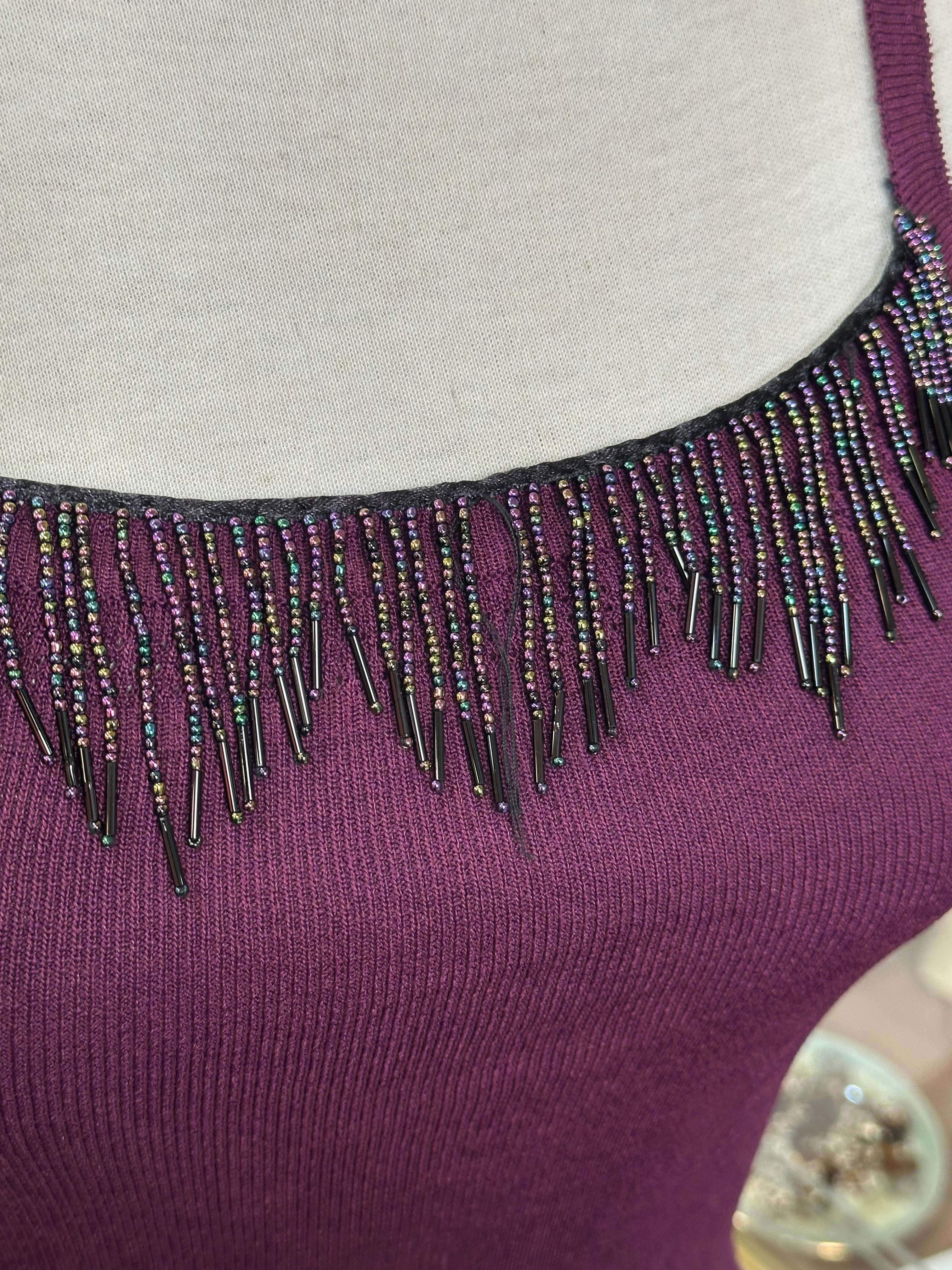 Plum Knit Camisole with Beaded Fringe Detail
