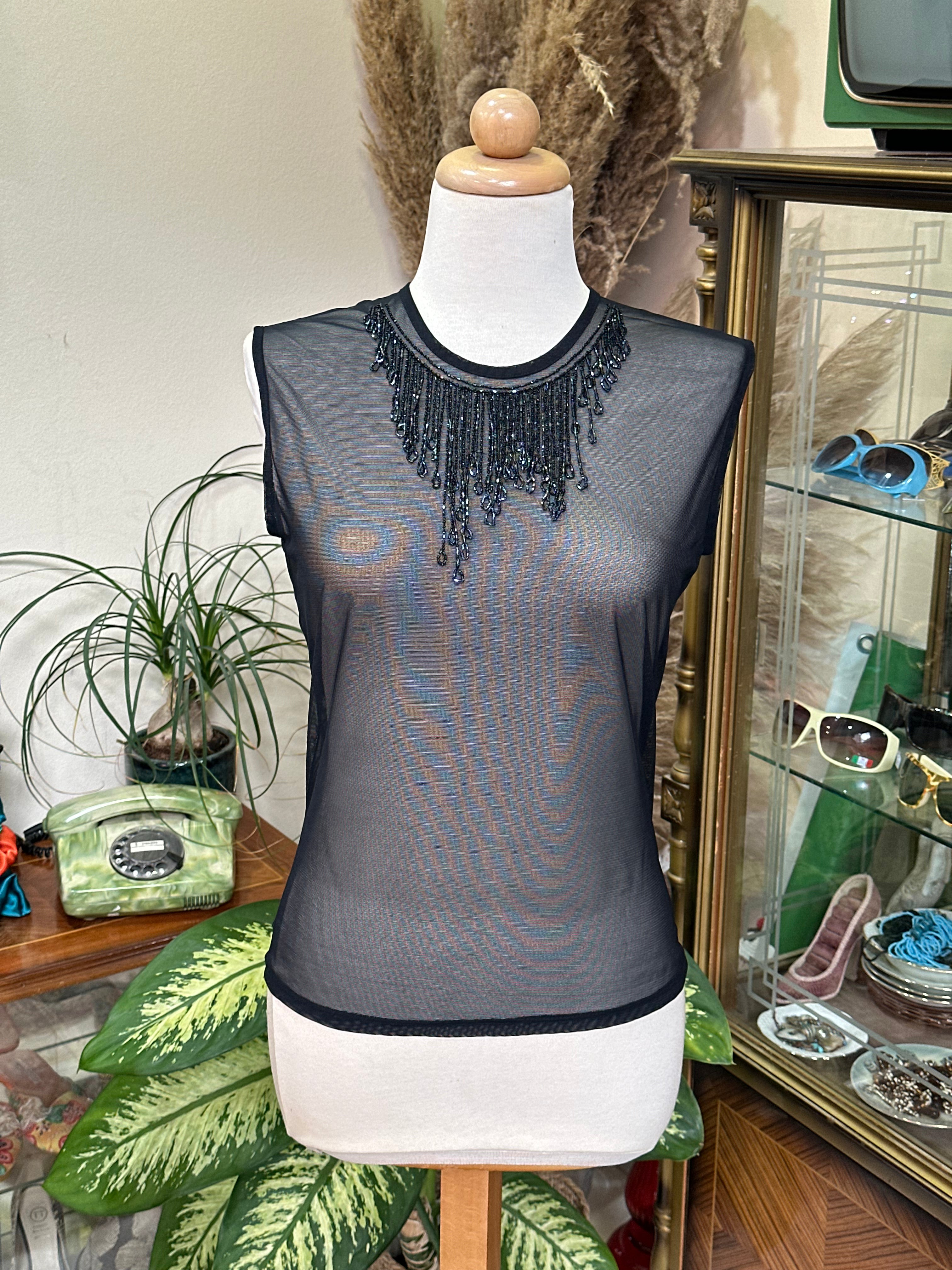 Sheer Black Mesh Top with Beaded Fringe Necklace Detail (L)