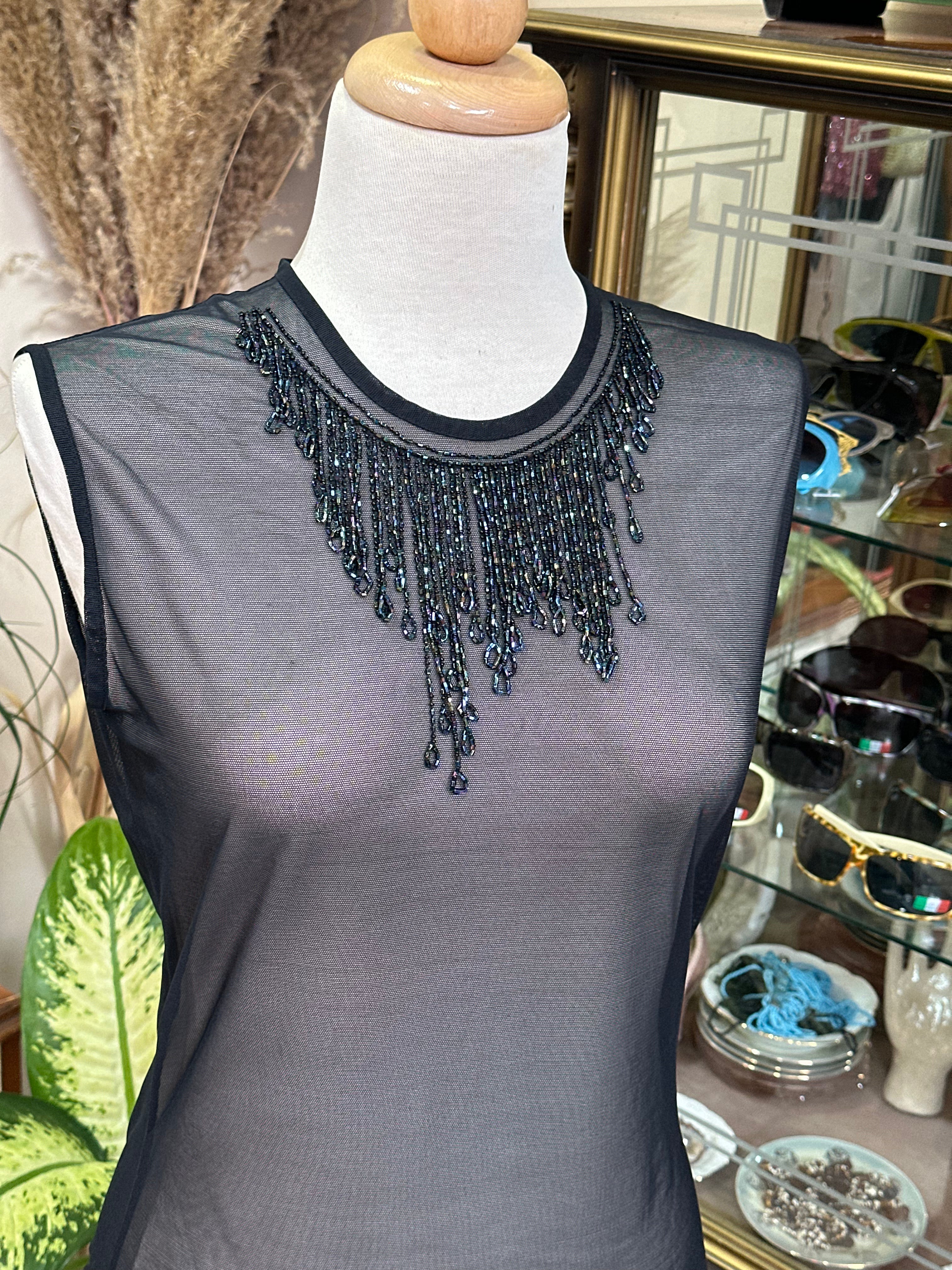 Sheer Black Mesh Top with Beaded Fringe Necklace Detail (L)