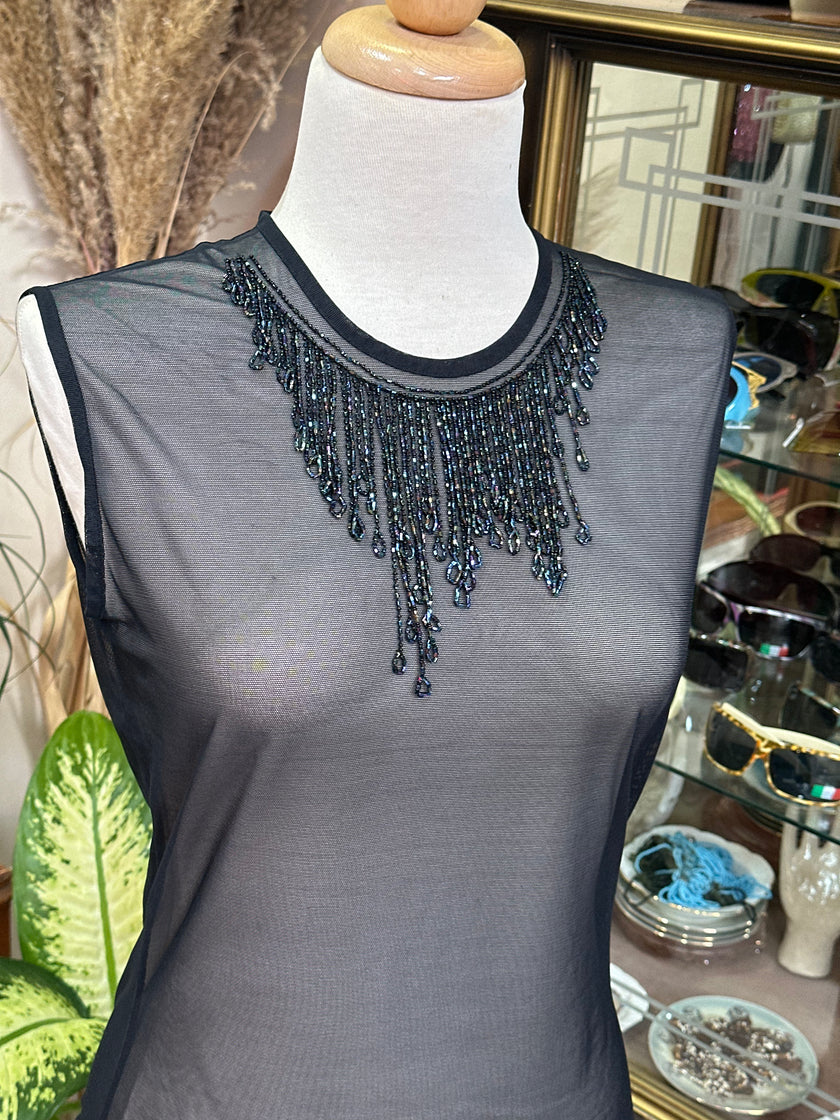 Sheer Black Mesh Top with Beaded Fringe Necklace Detail (L)