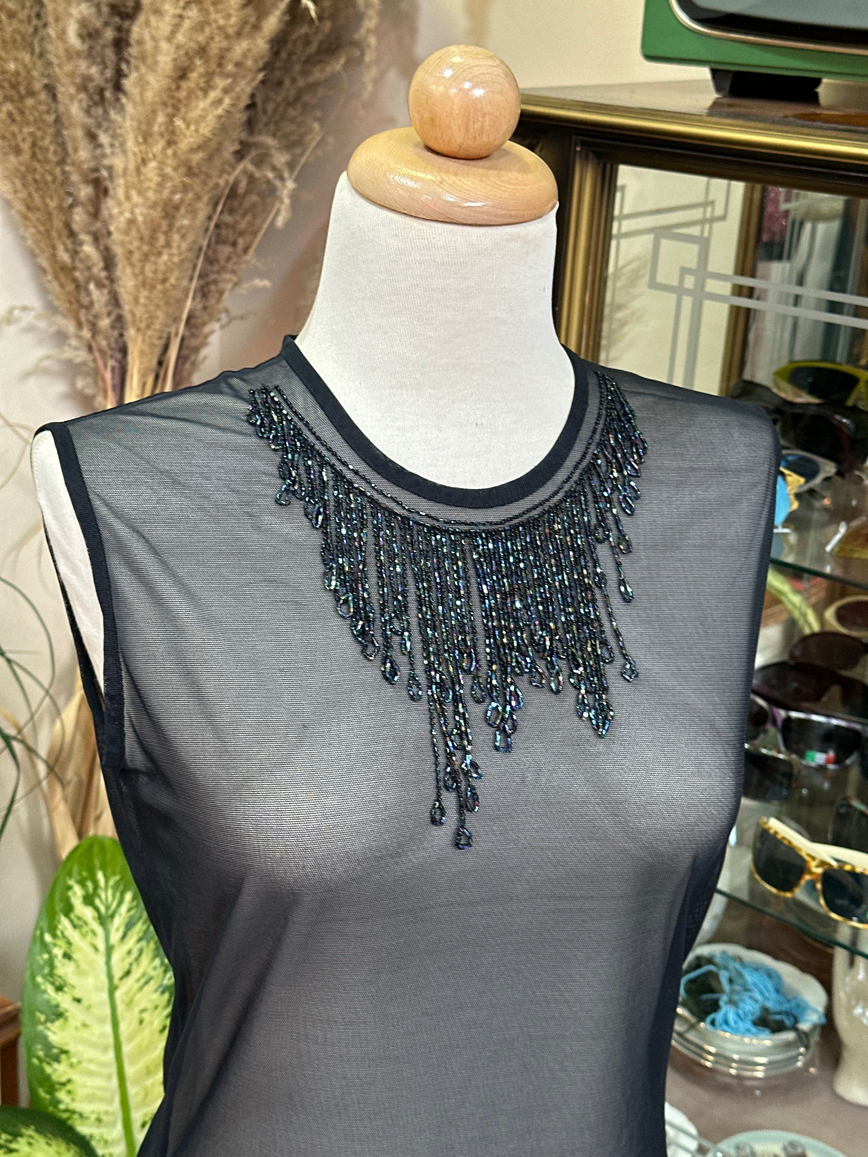 Sheer Black Mesh Top with Beaded Fringe Necklace Detail (L)