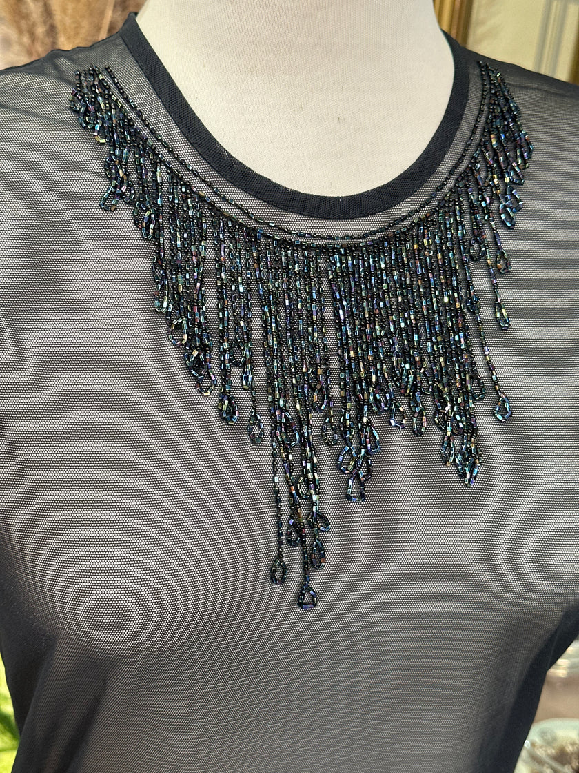 Sheer Black Mesh Top with Beaded Fringe Necklace Detail (L)