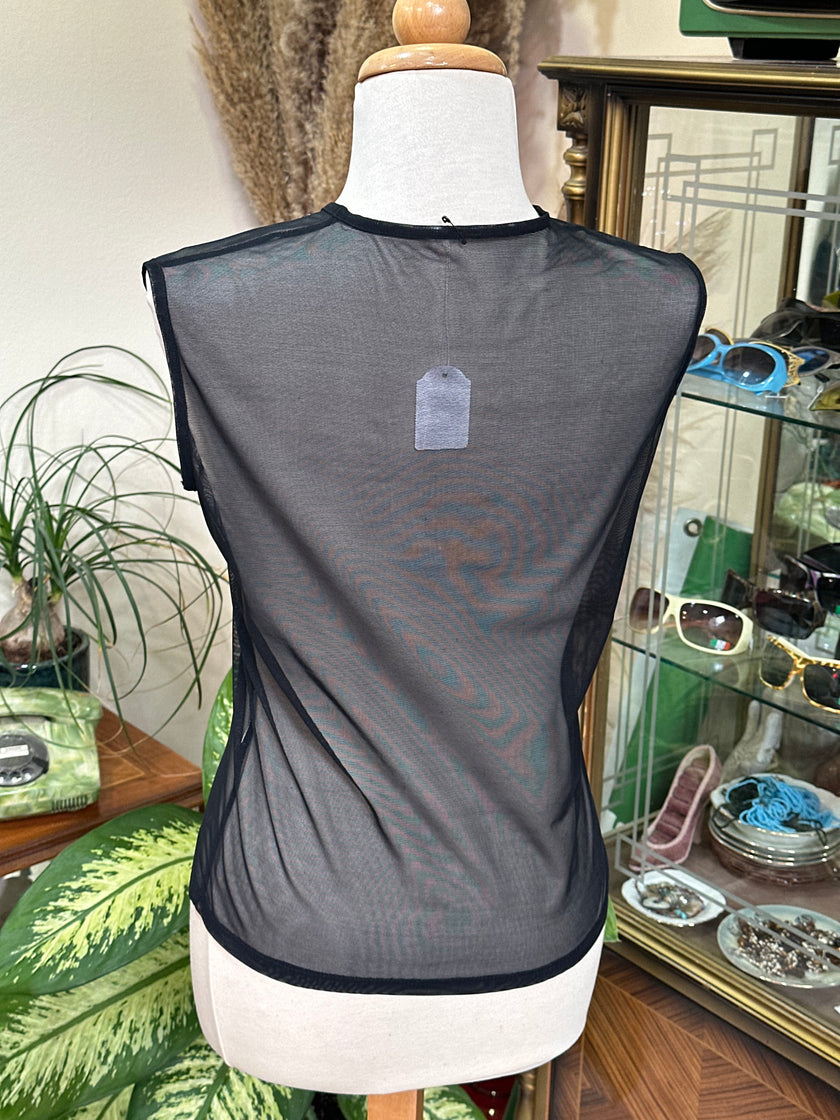 Sheer Black Mesh Top with Beaded Fringe Necklace Detail (L)