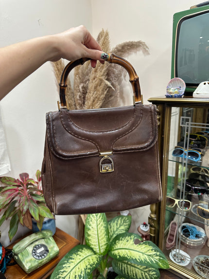 Vintage Brown Leather Top Handle Bag with Bamboo Handle