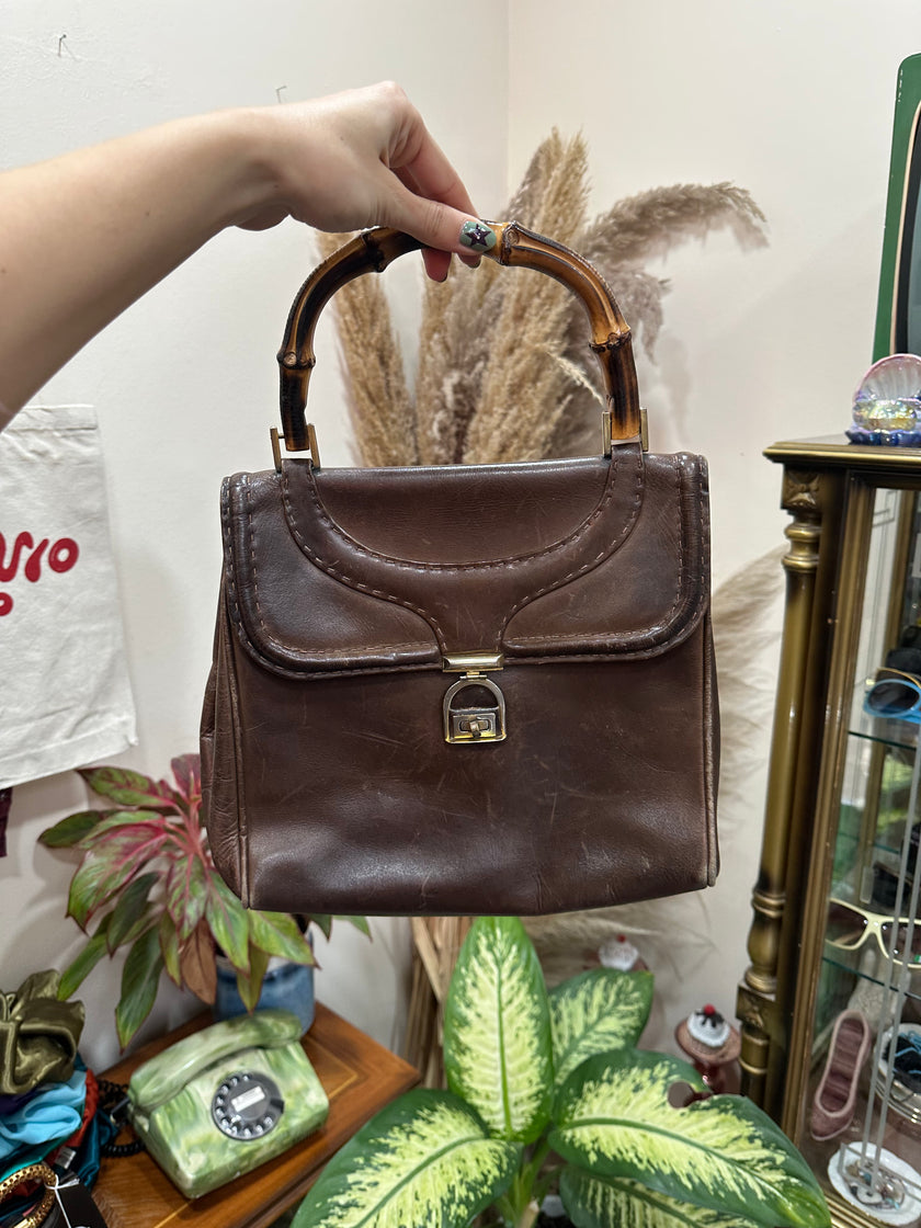 Vintage Brown Leather Top Handle Bag with Bamboo Handle