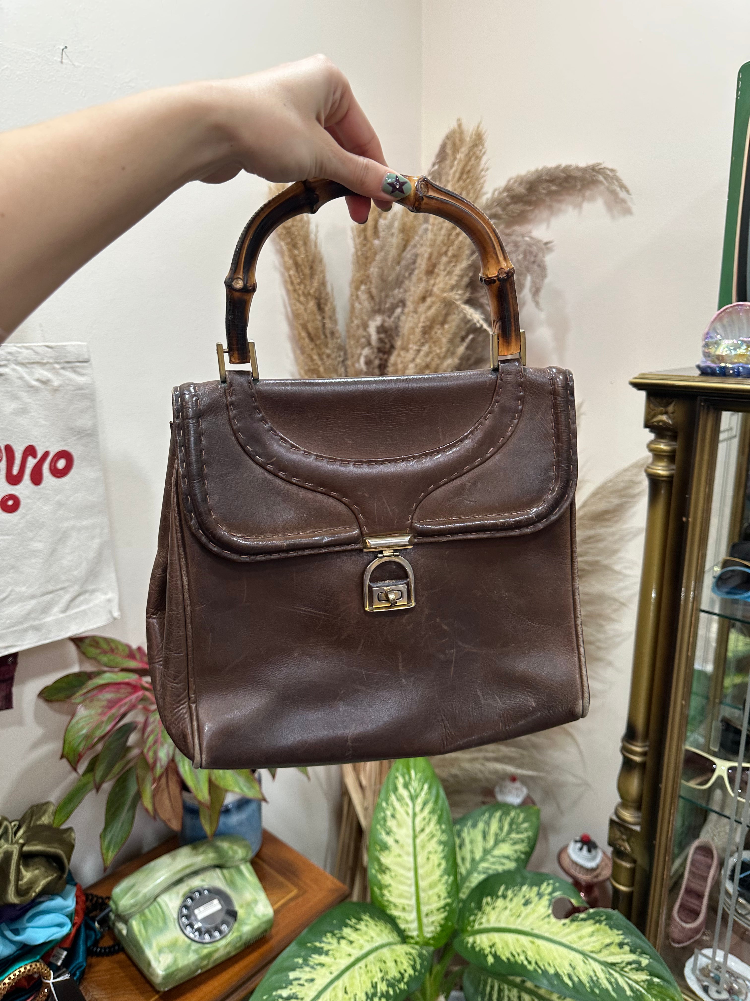 Vintage Brown Leather Top Handle Bag with Bamboo Handle