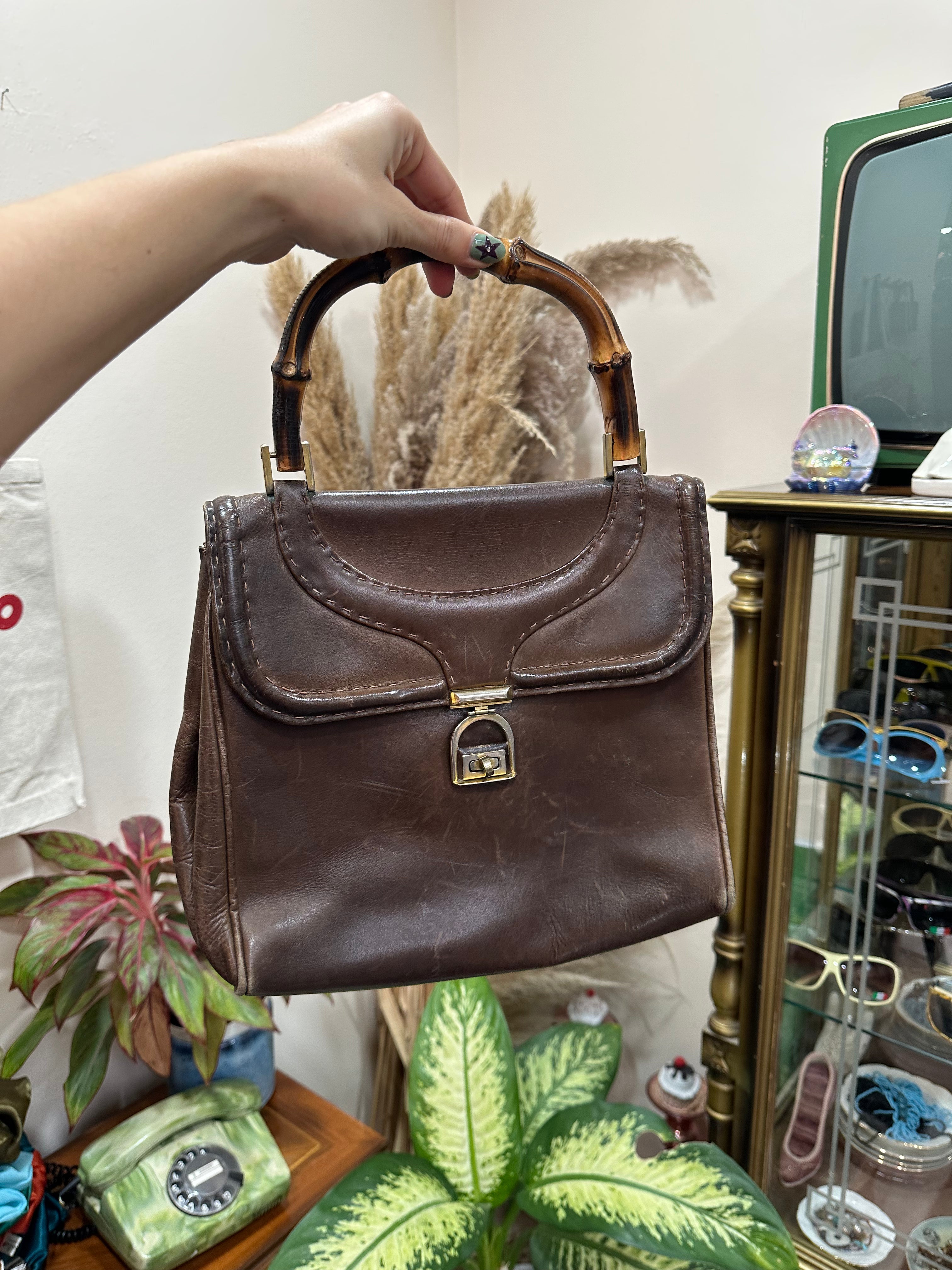 Vintage Brown Leather Top Handle Bag with Bamboo Handle
