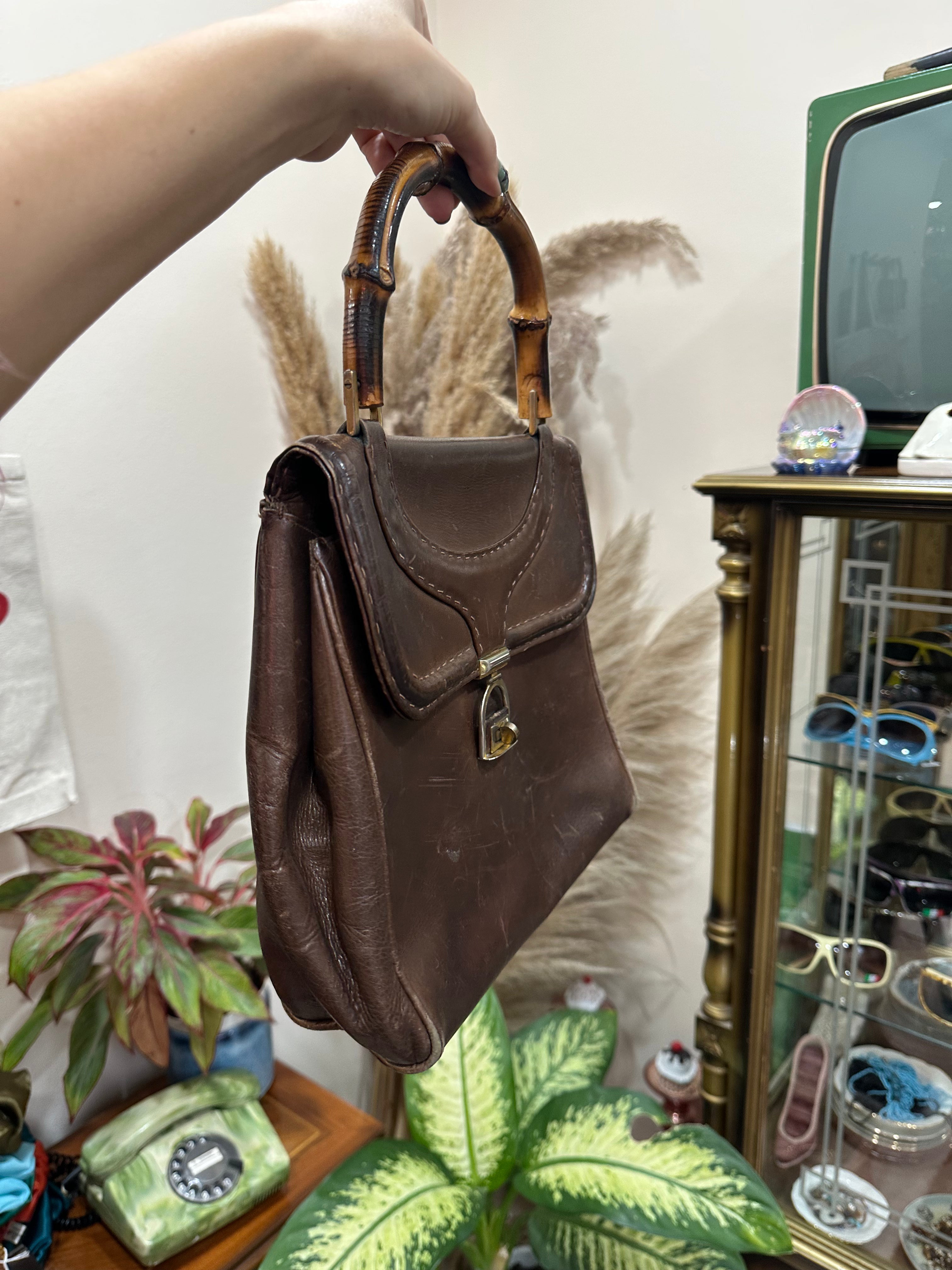 Vintage Brown Leather Top Handle Bag with Bamboo Handle