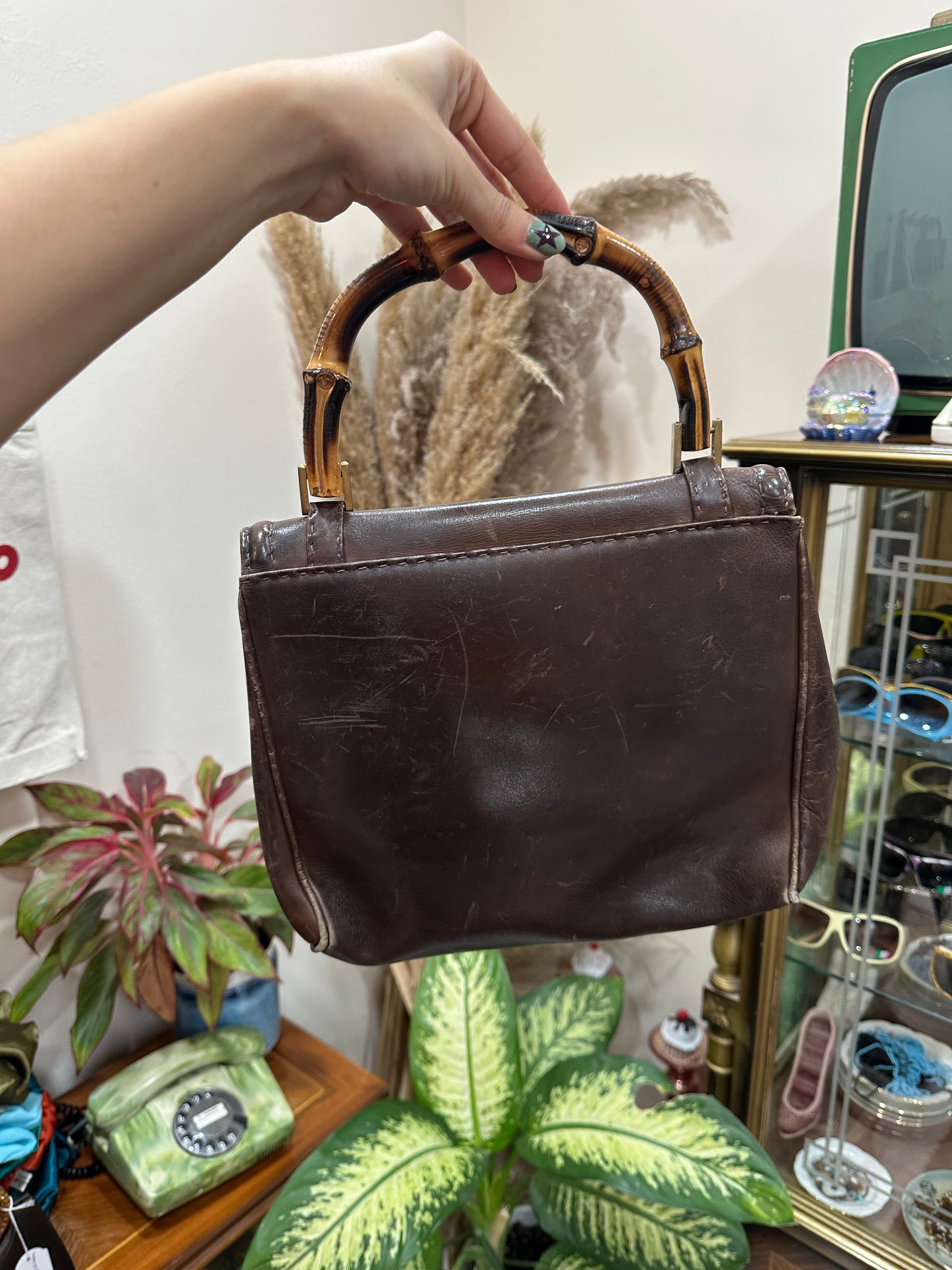 Vintage Brown Leather Top Handle Bag with Bamboo Handle