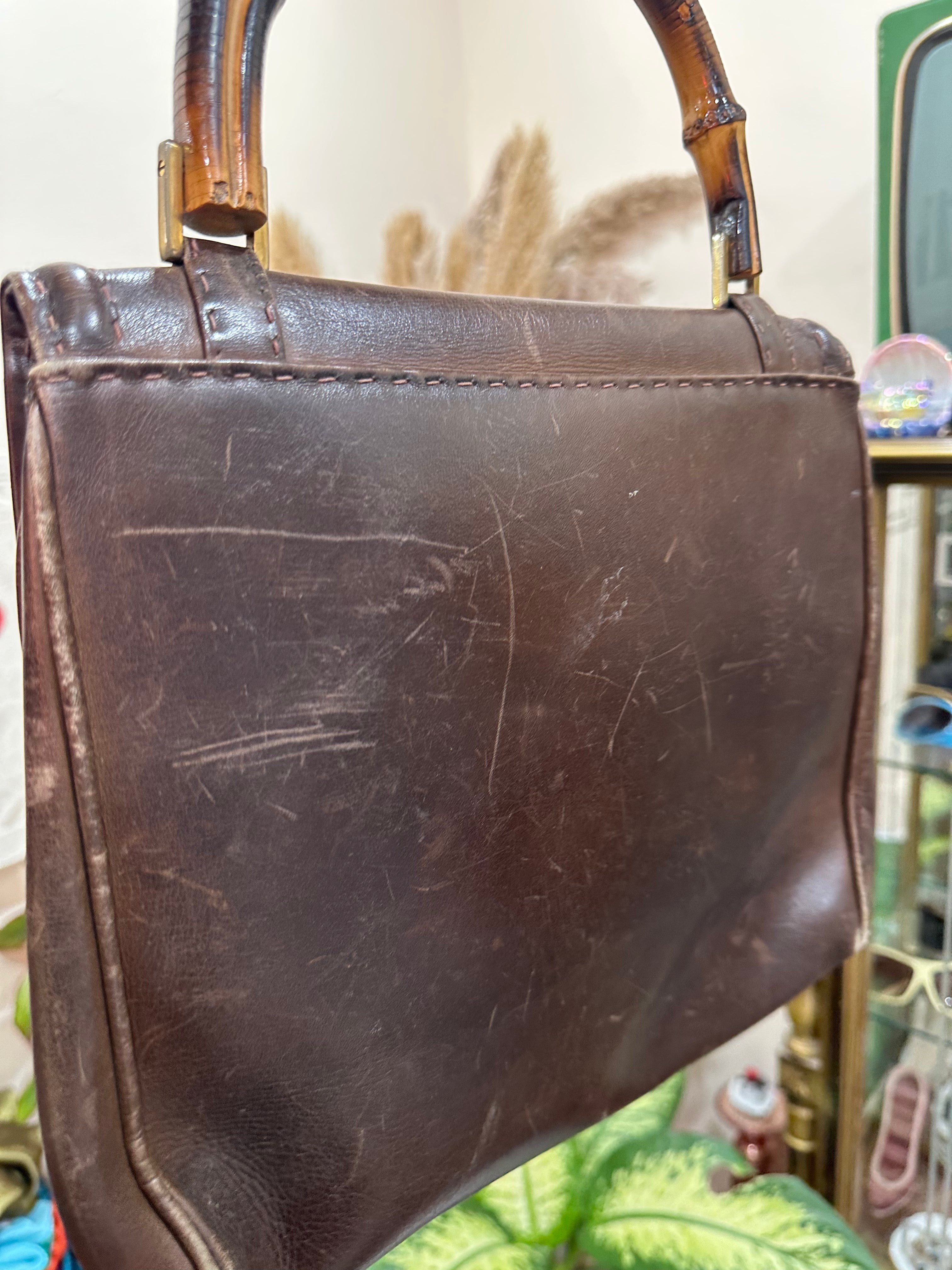 Vintage Brown Leather Top Handle Bag with Bamboo Handle