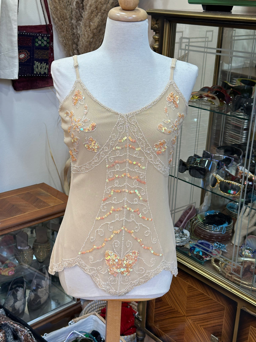 Beautiful beige mesh beaded top (L)