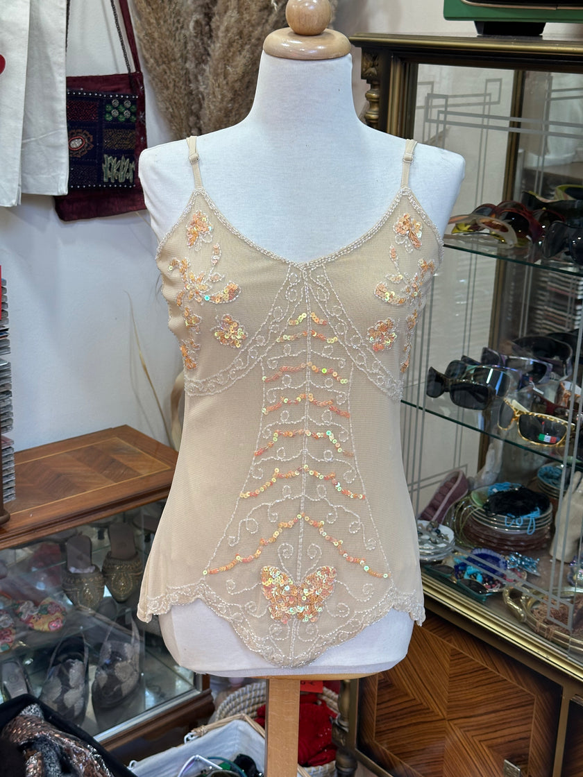 Beautiful beige mesh beaded top (L)