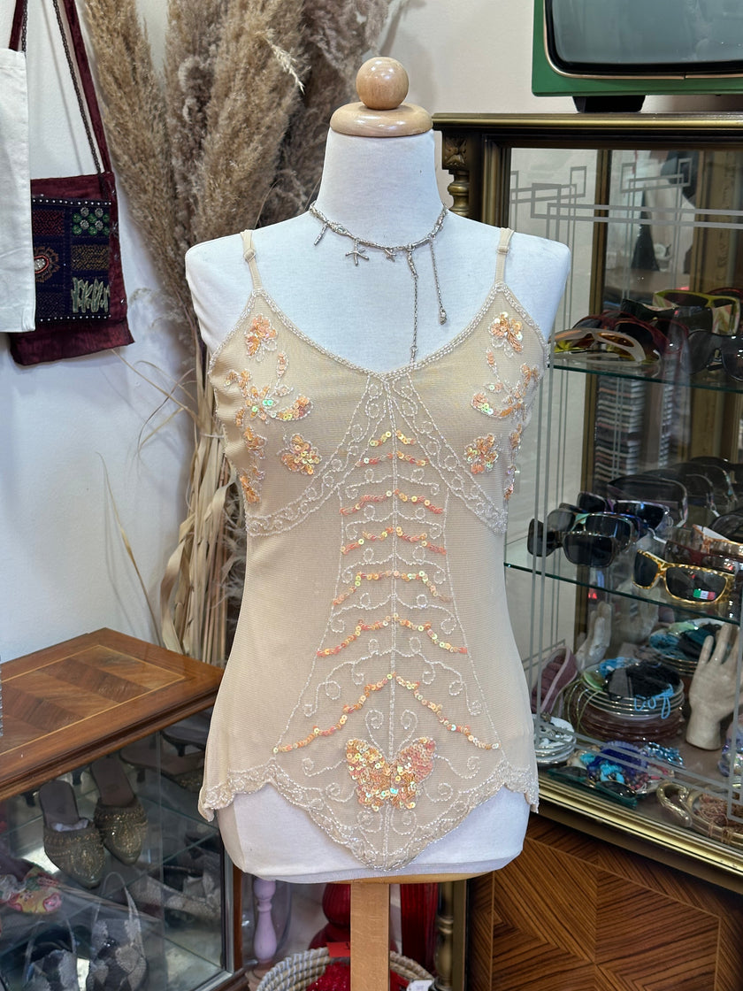 Beautiful beige mesh beaded top (L)