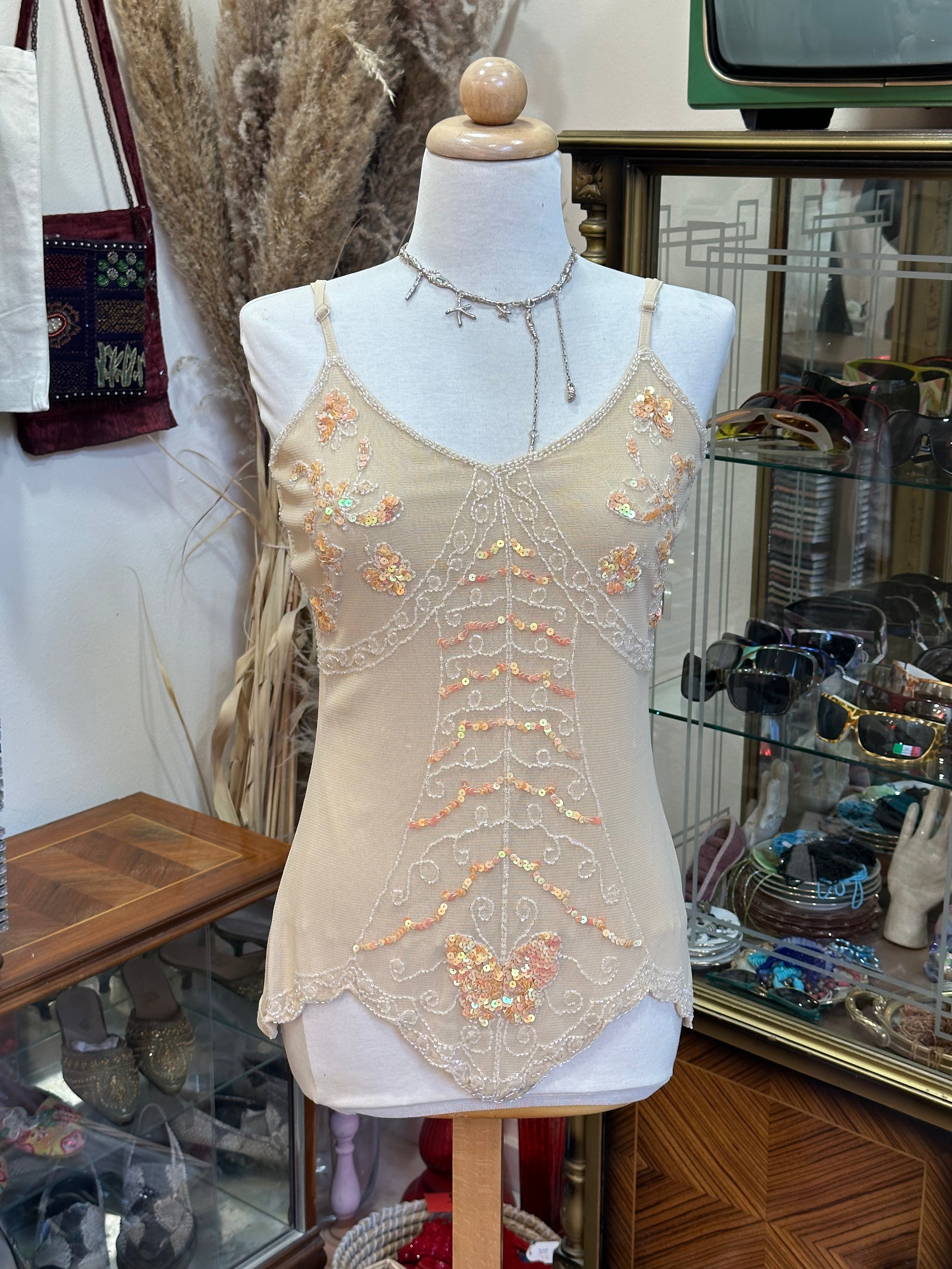 Beautiful beige mesh beaded top (L)