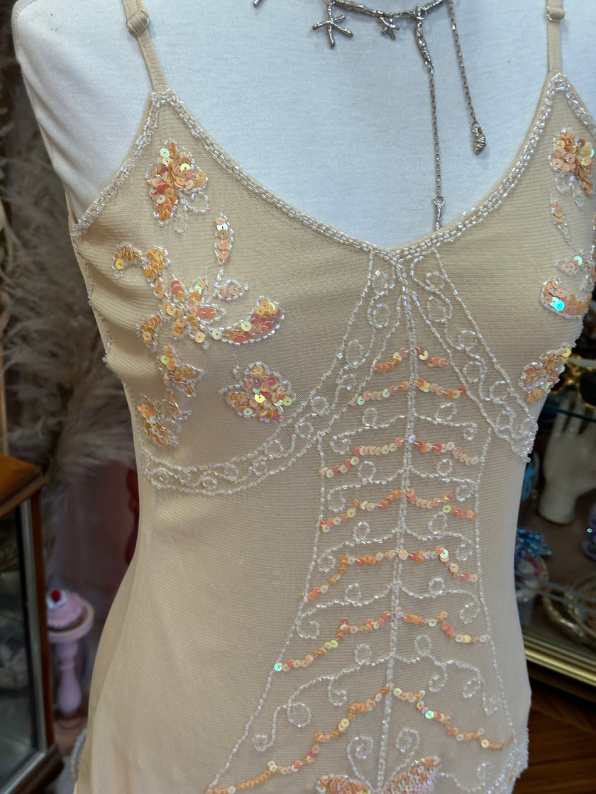 Beautiful beige mesh beaded top (L)