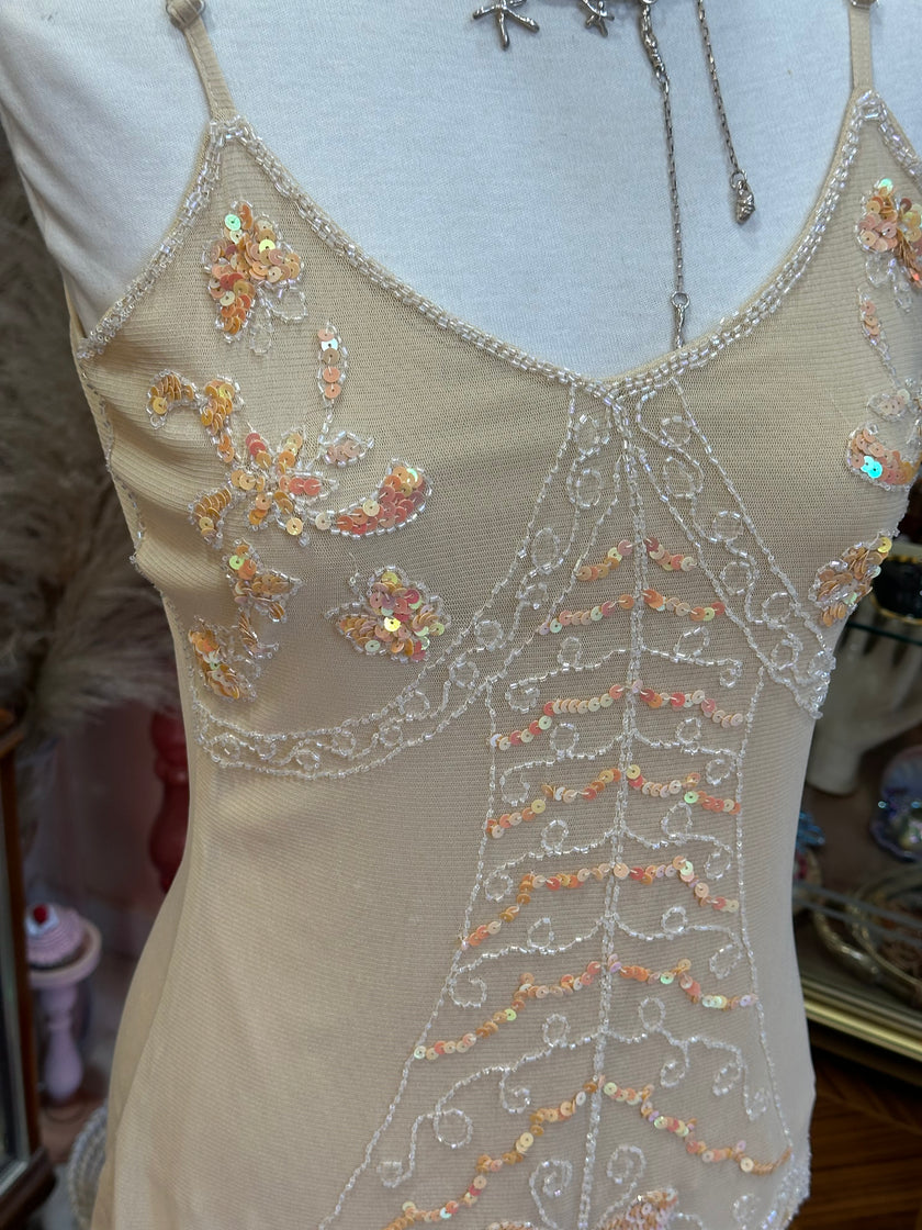 Beautiful beige mesh beaded top (L)