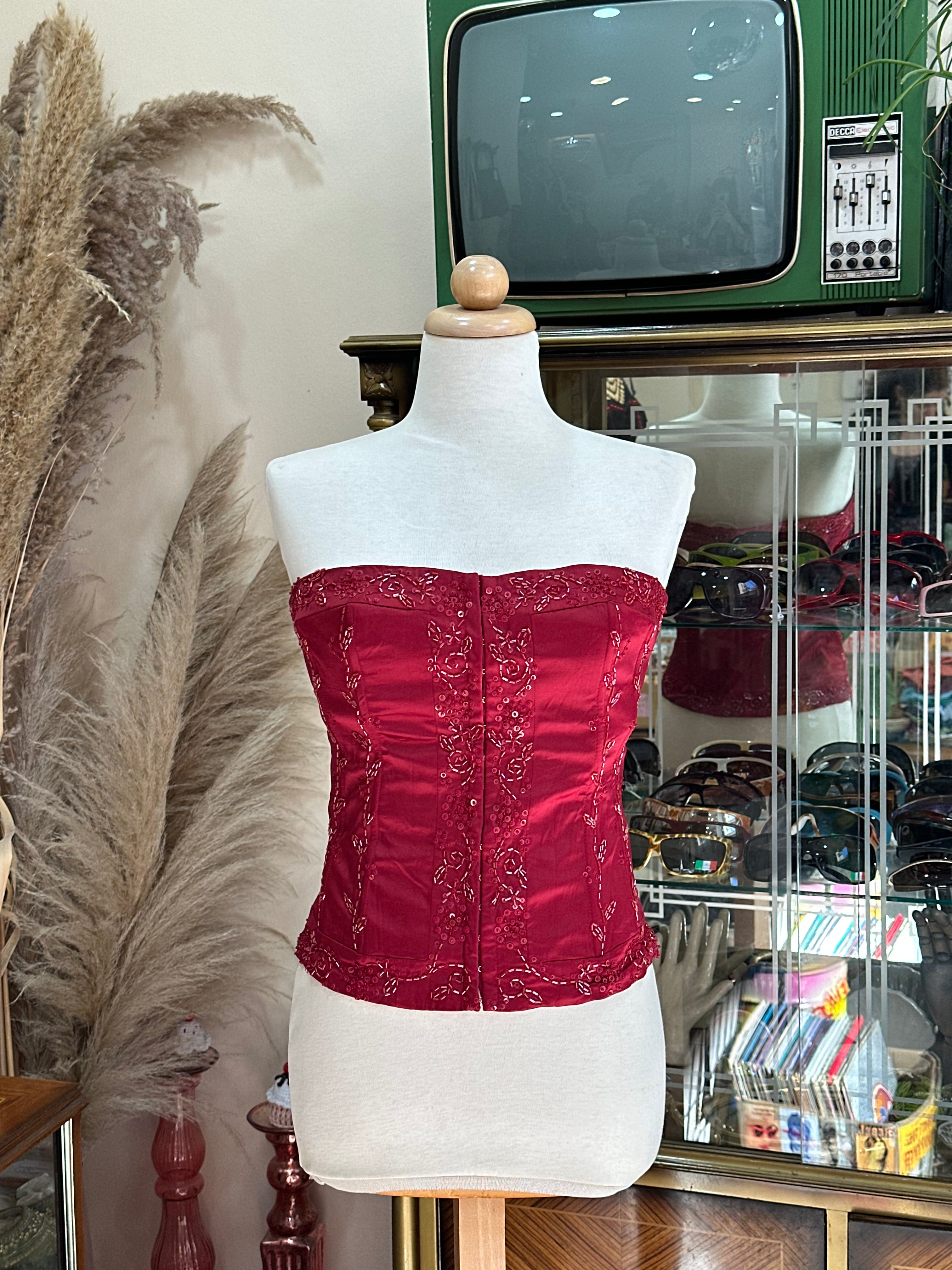 Red satin feel corset top with bead detailing (M)