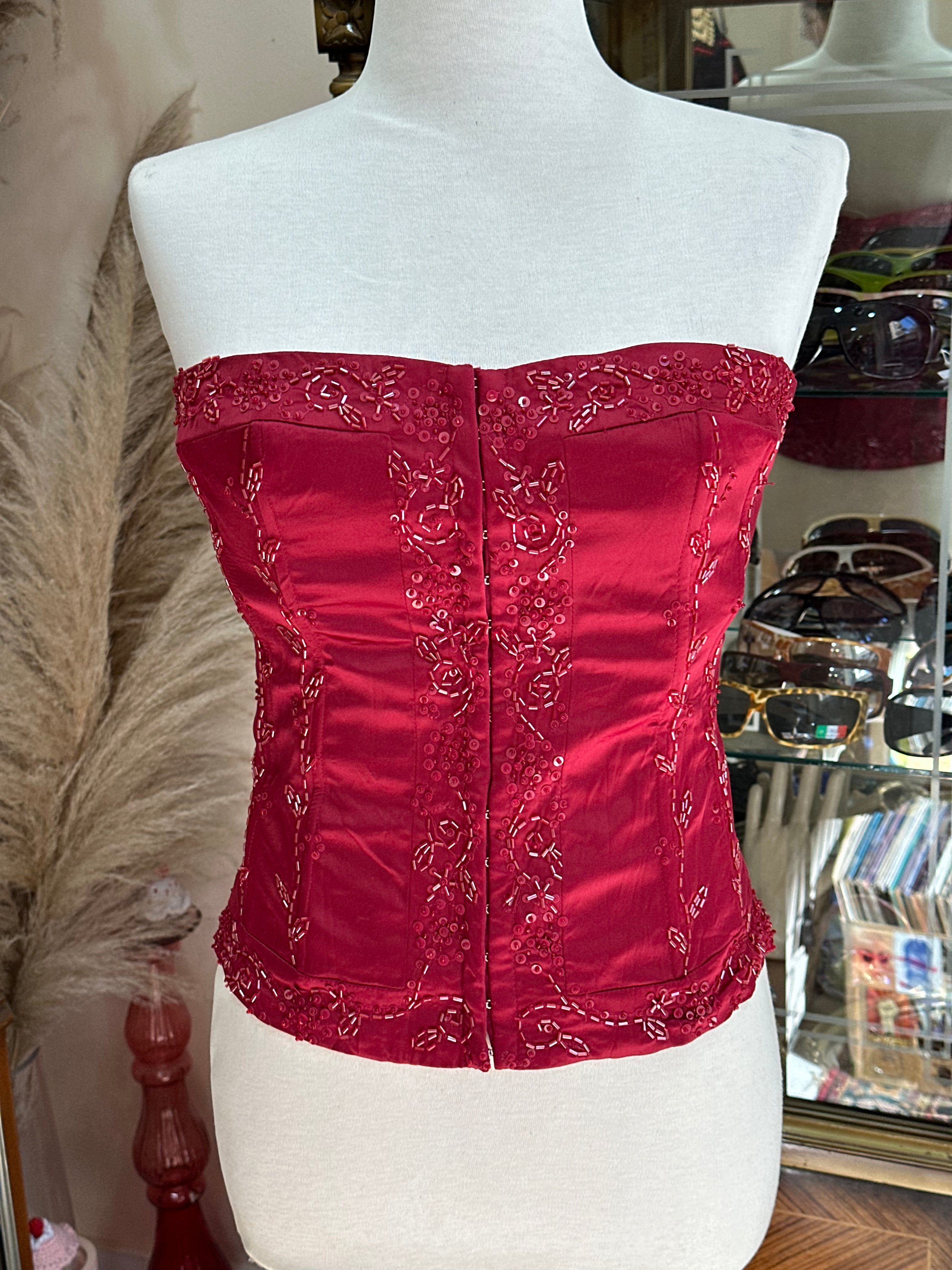 Red satin feel corset top with bead detailing (M)