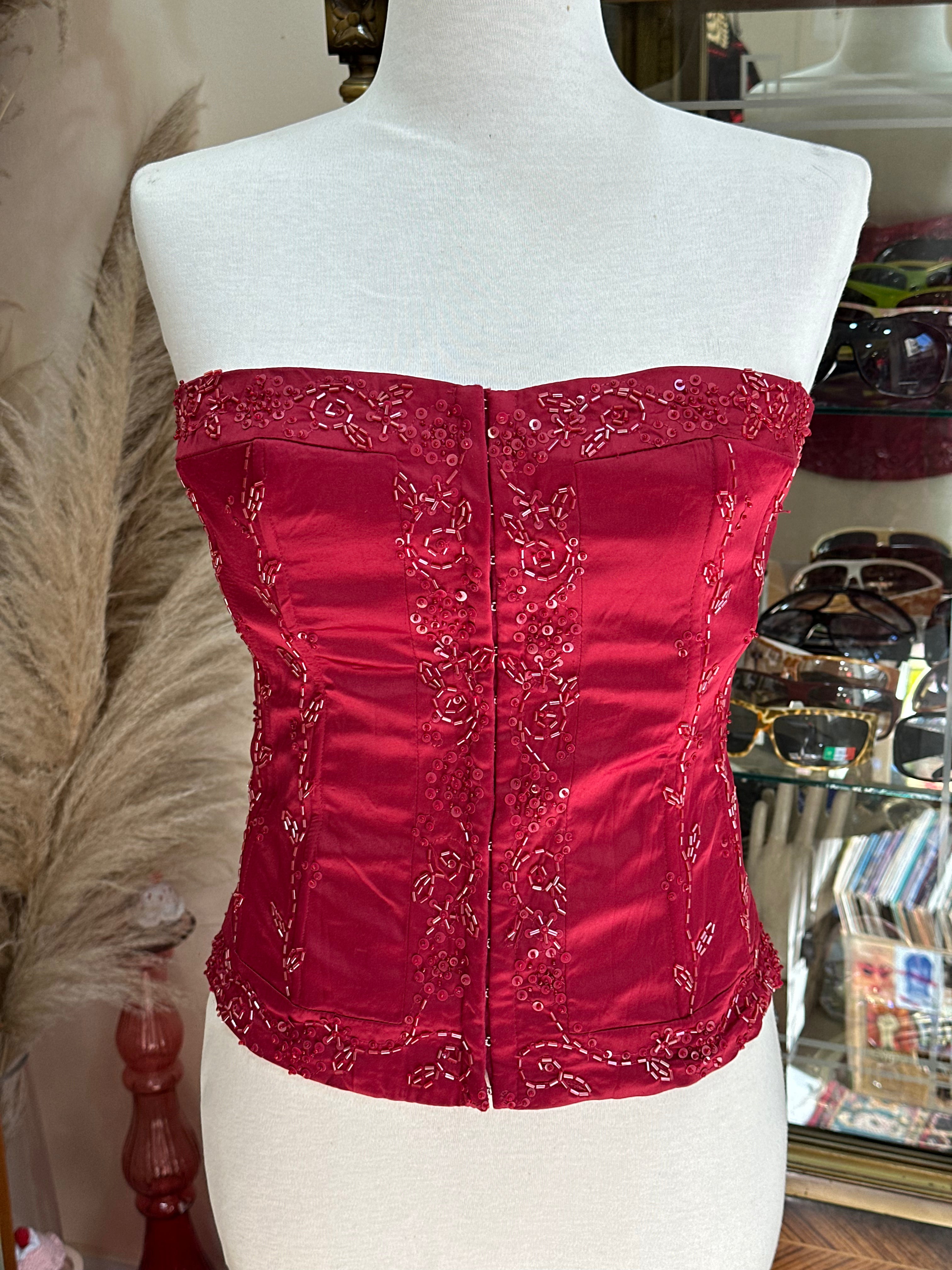 Red satin feel corset top with bead detailing (M)