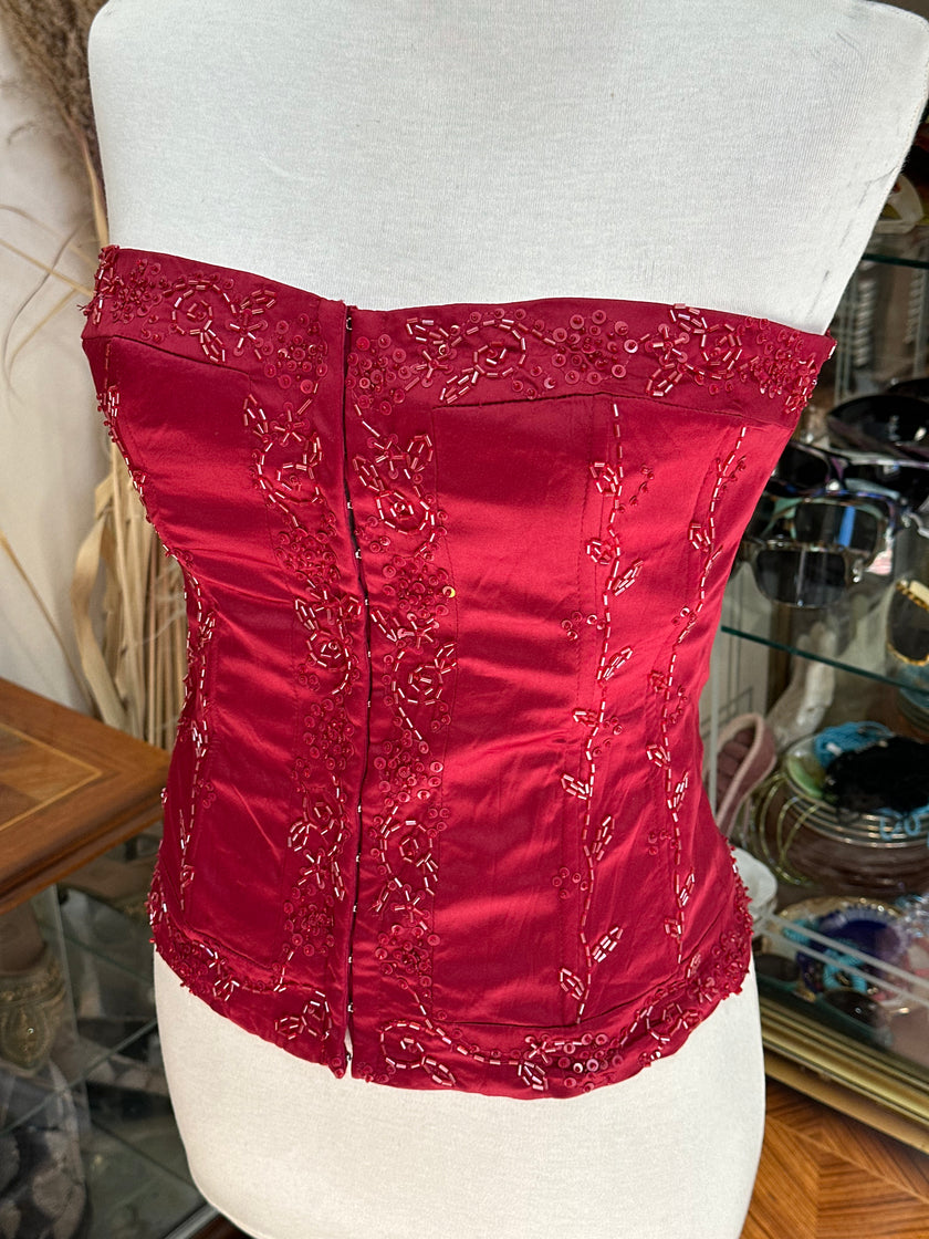 Red satin feel corset top with bead detailing (M)
