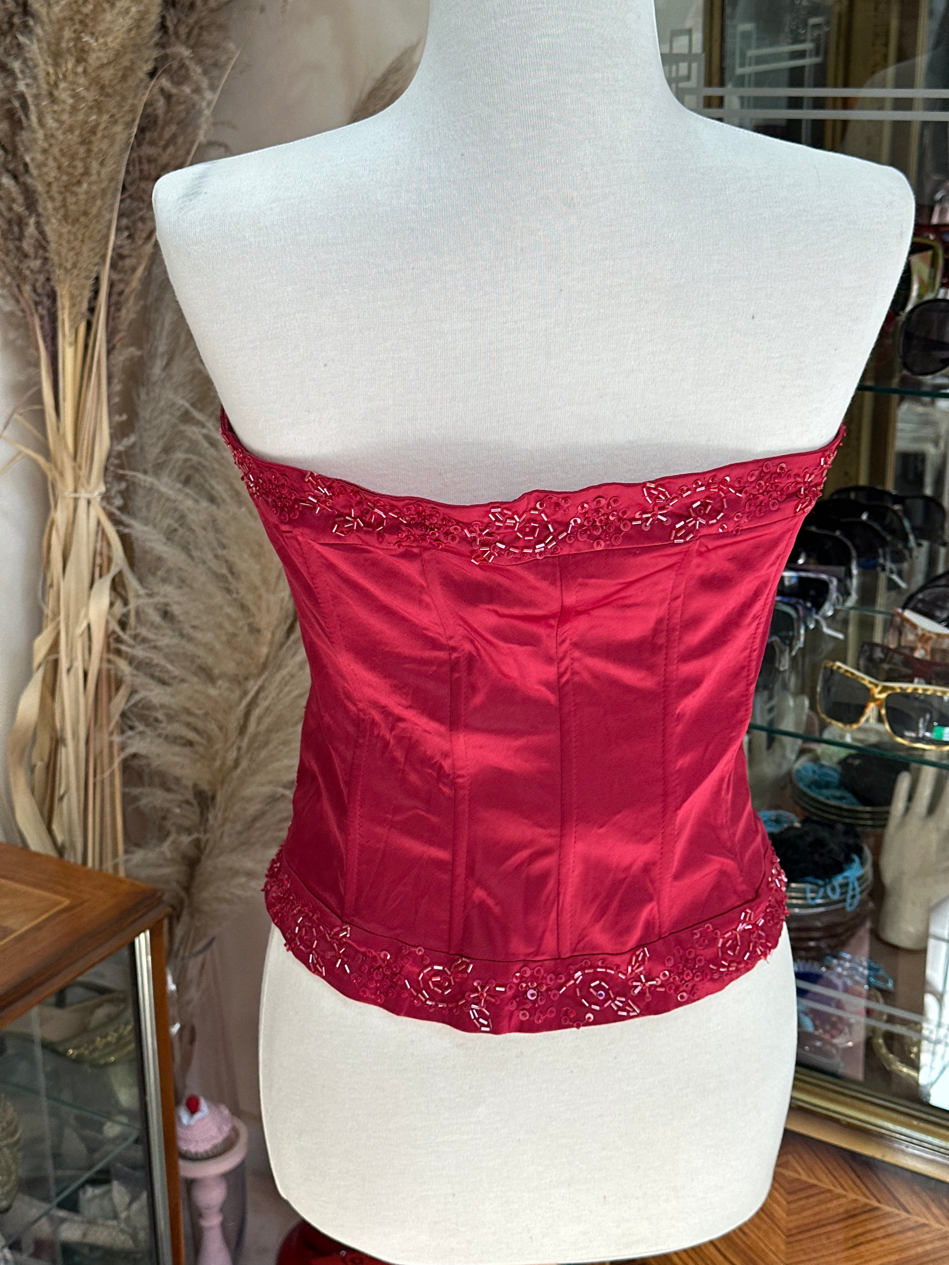 Red satin feel corset top with bead detailing (M)