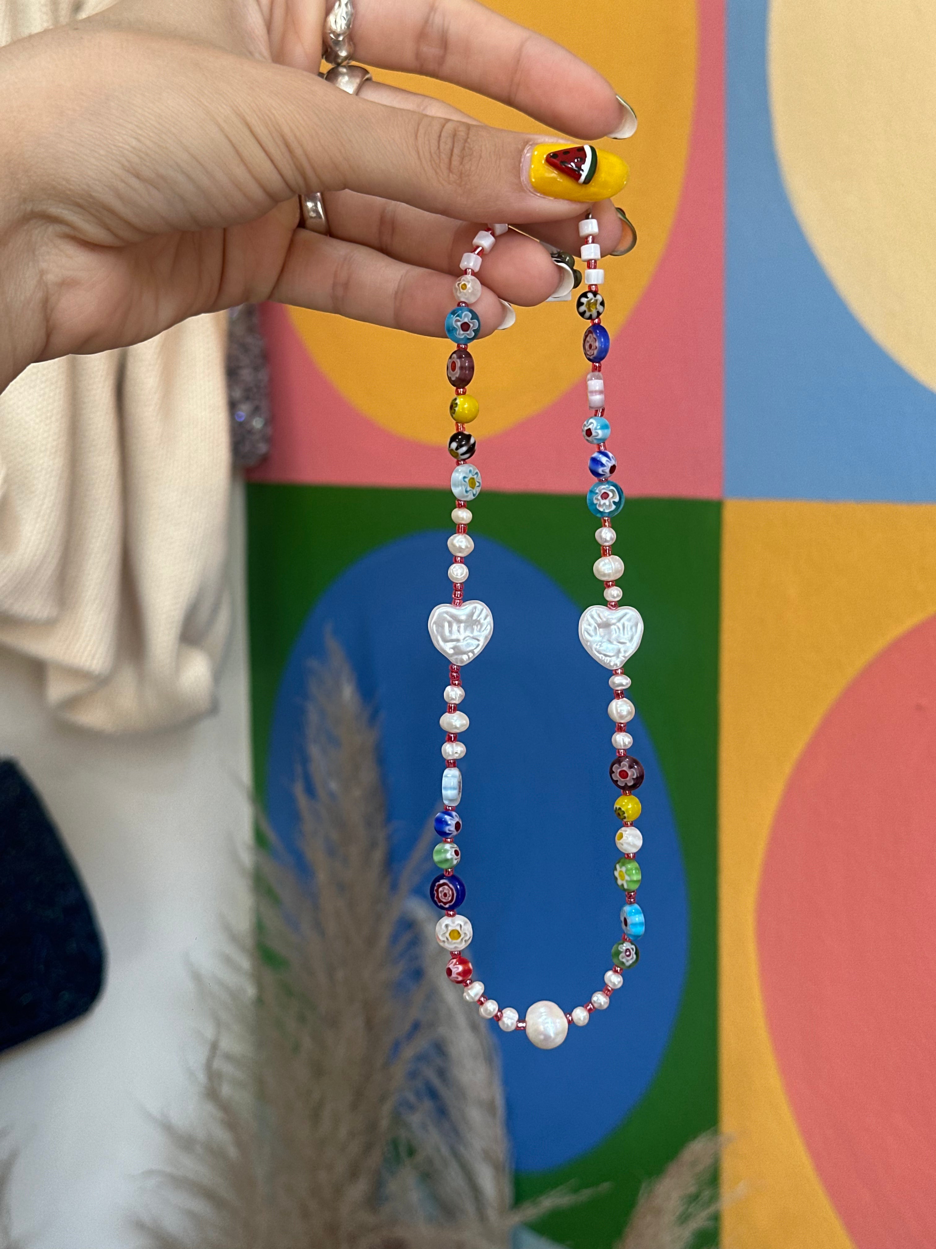 Handmade Flower & Pearl Glass Bead Necklace
