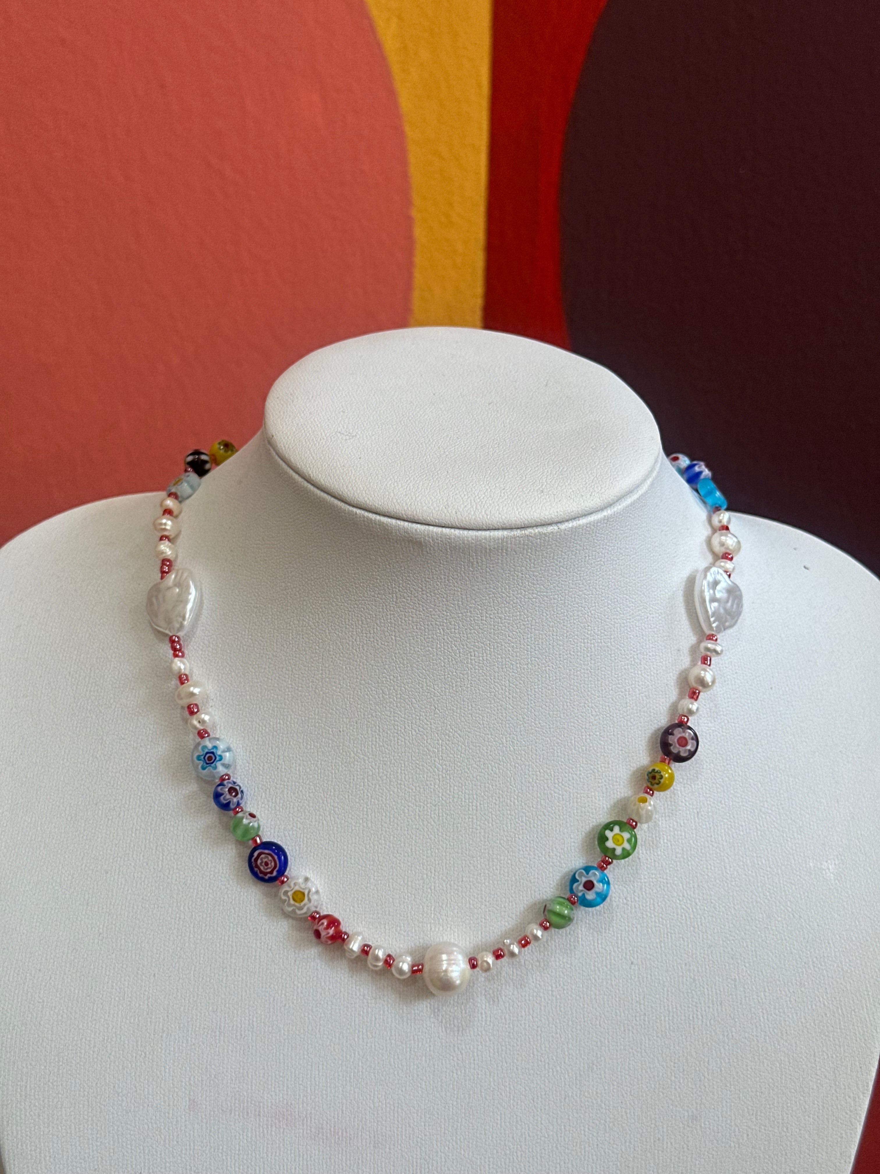 Handmade Flower & Pearl Glass Bead Necklace