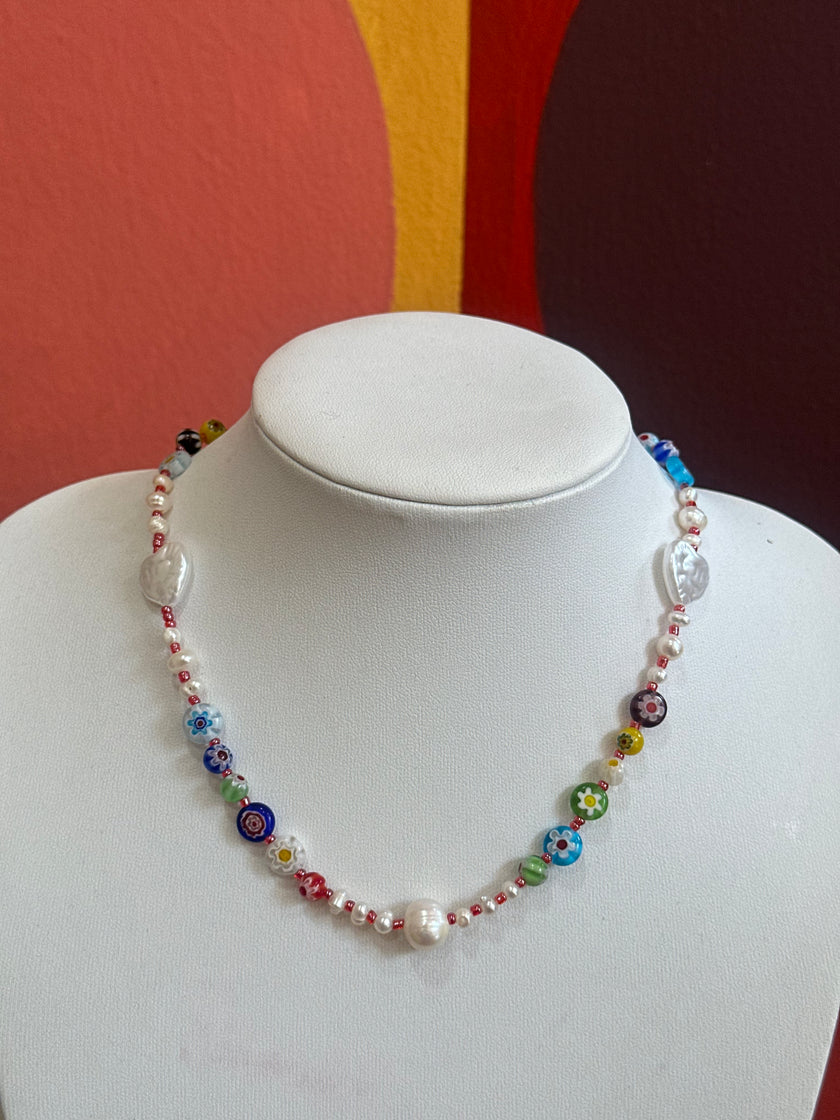 Handmade Flower & Pearl Glass Bead Necklace