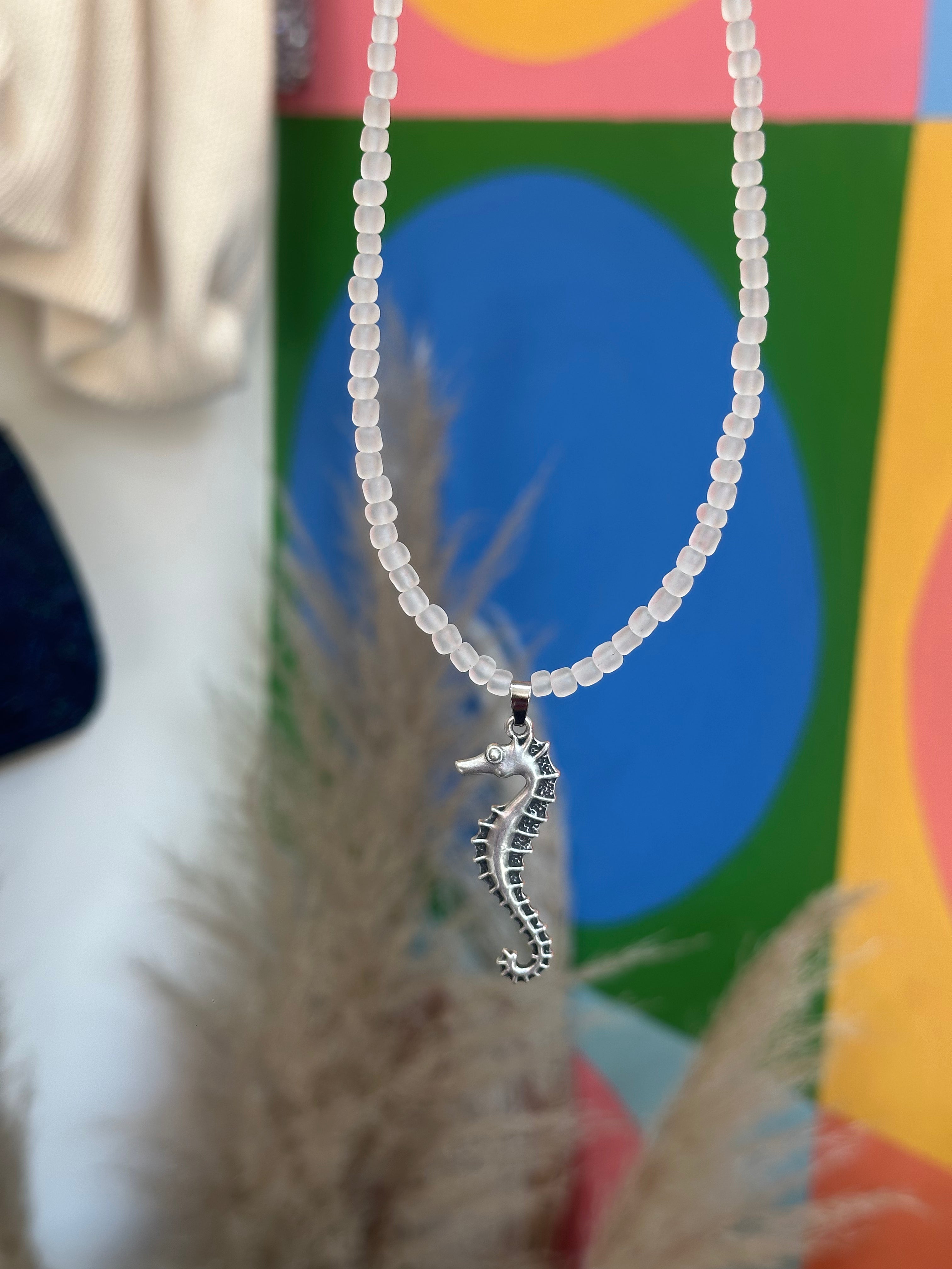 Handmade frosted glass seahorse necklace
