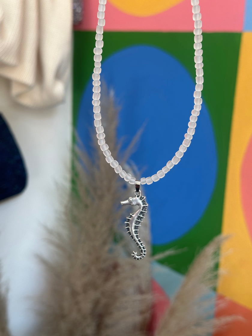 Handmade frosted glass seahorse necklace