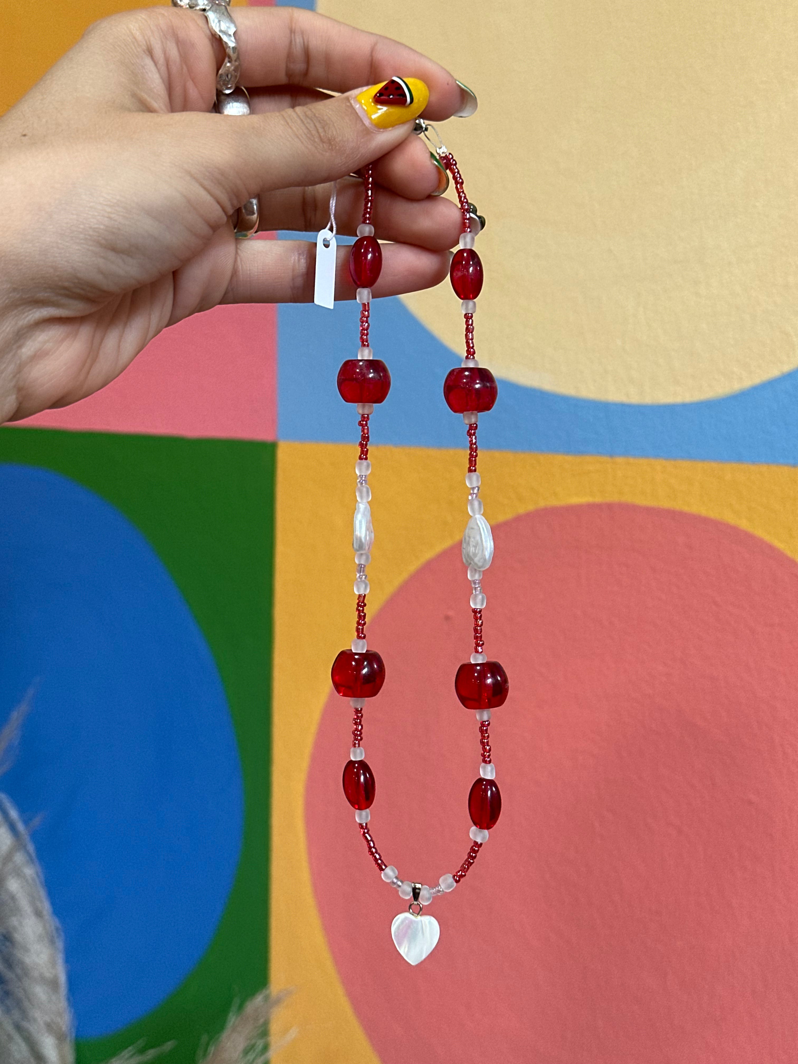 Handmade bead necklace with pearl heart