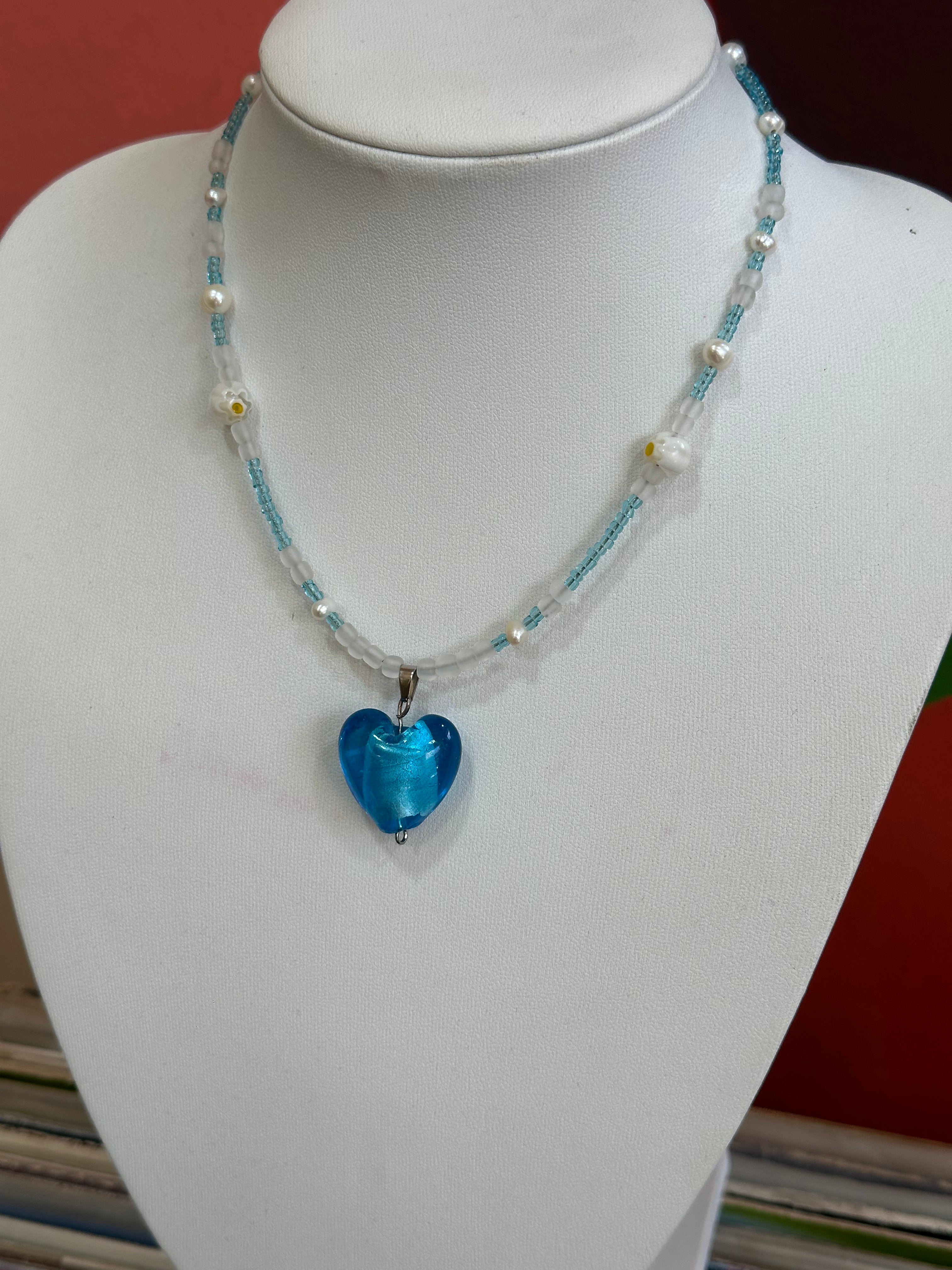 Handmade beaded necklace with murano heart