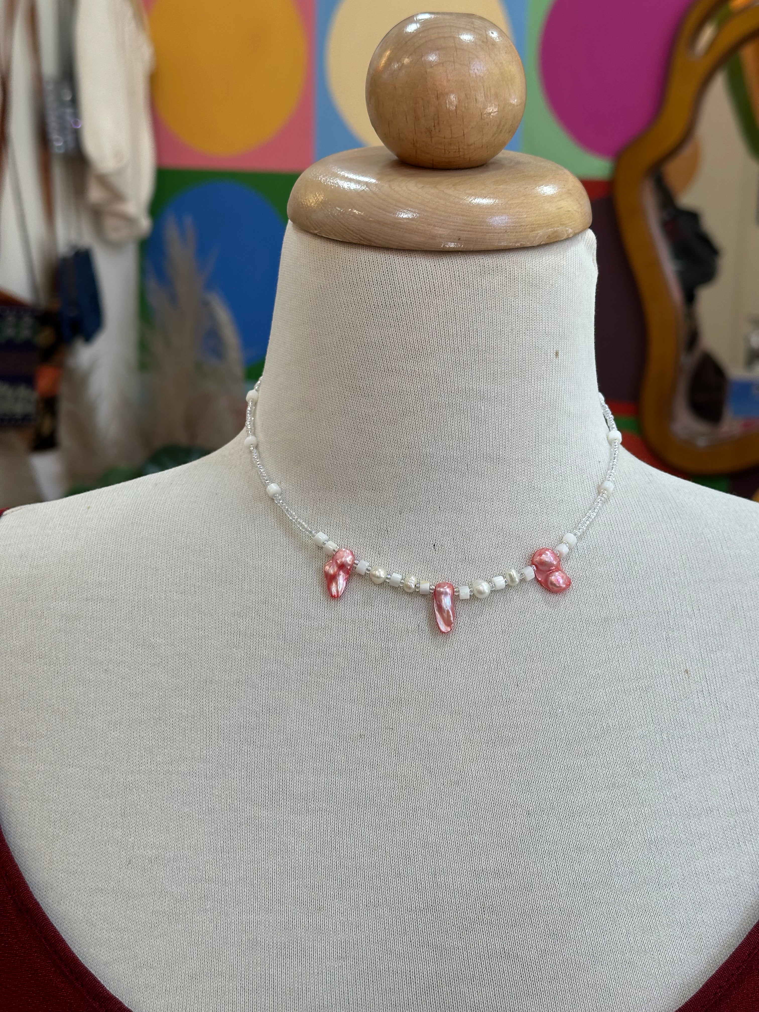 Handmade beaded necklace with natural pearls