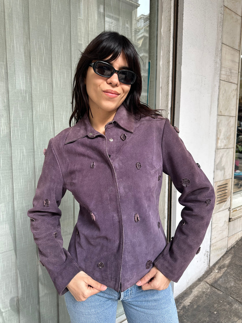 Super cute purple genuine suede jacket with flowers details