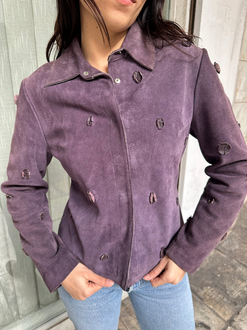 Super cute purple genuine suede jacket with flowers details