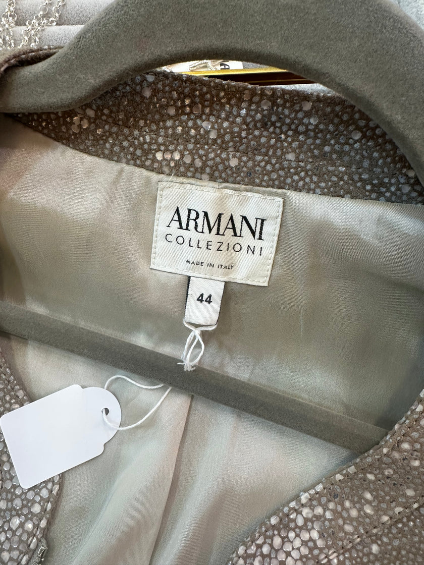 Armani Collezioni Italian Goat Leather Jacket – Metallic Silver Taupe Zip-Up (M)