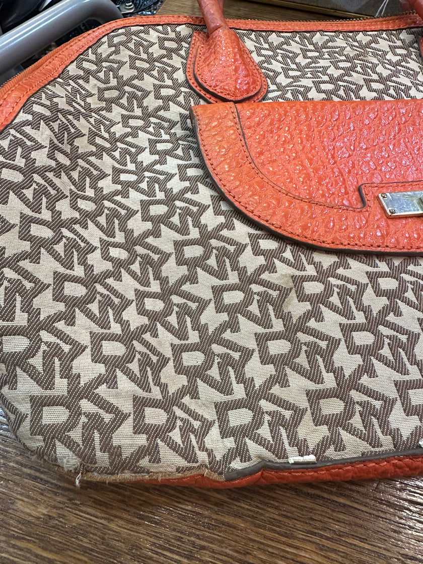 DKNY Signature Satchel Bag – Brown Monogram with Orange Leather Trim