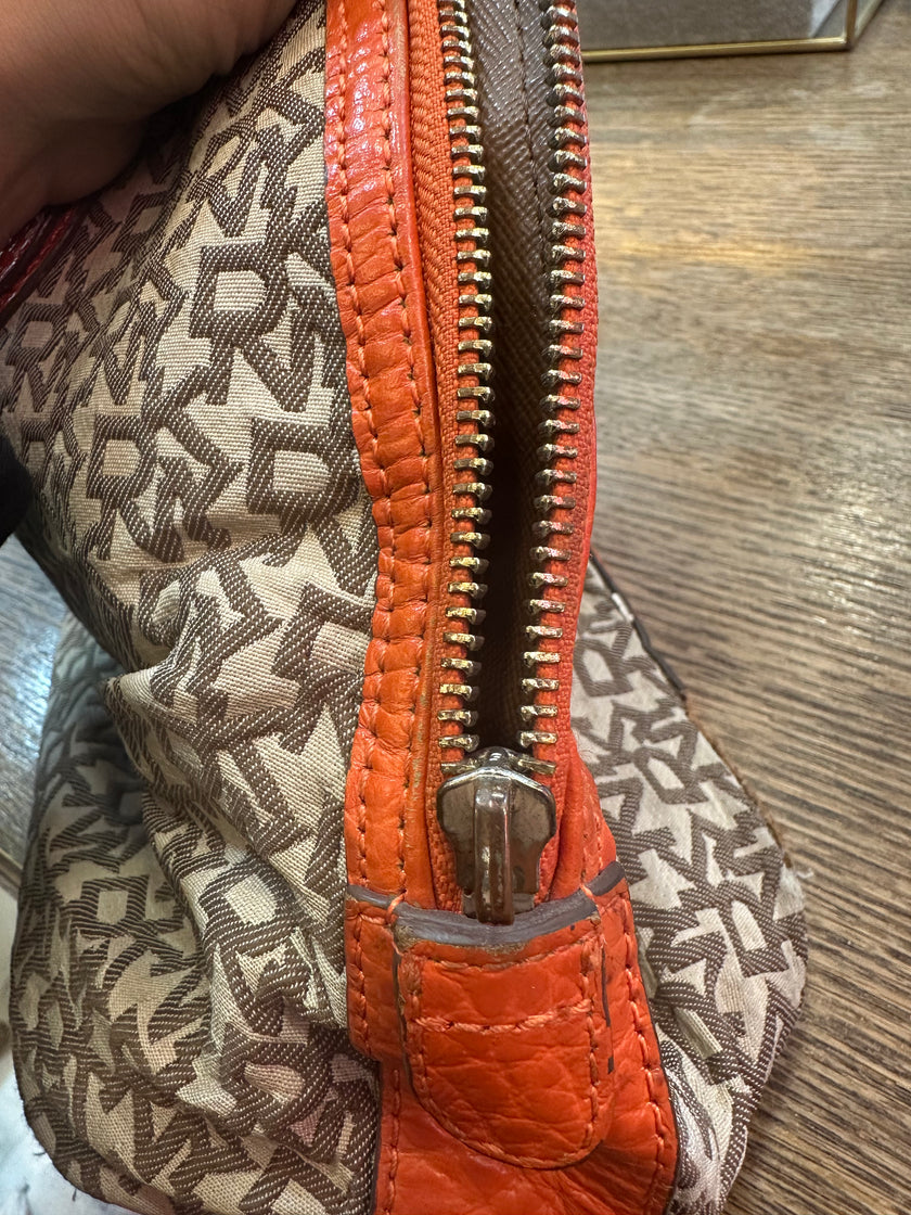 DKNY Signature Satchel Bag – Brown Monogram with Orange Leather Trim