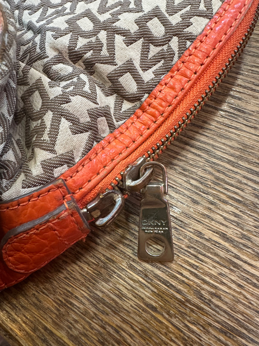 DKNY Signature Satchel Bag – Brown Monogram with Orange Leather Trim