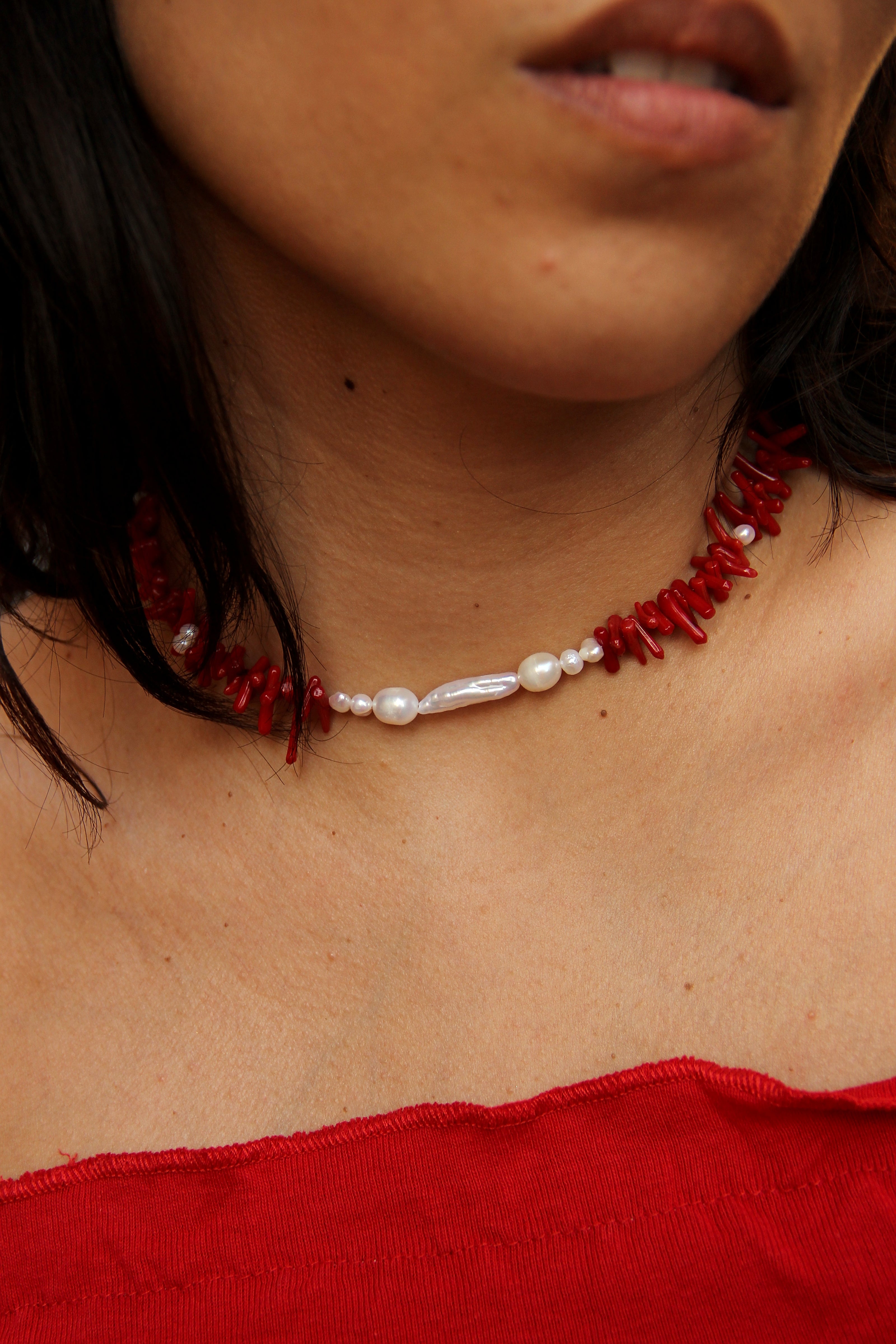 Handmade coral & pearl choker