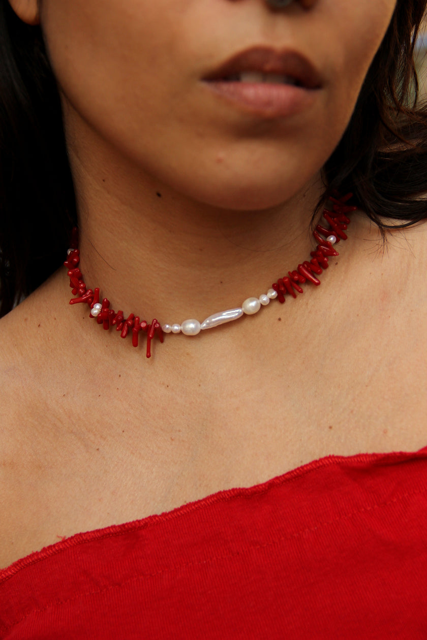 Handmade coral & pearl choker