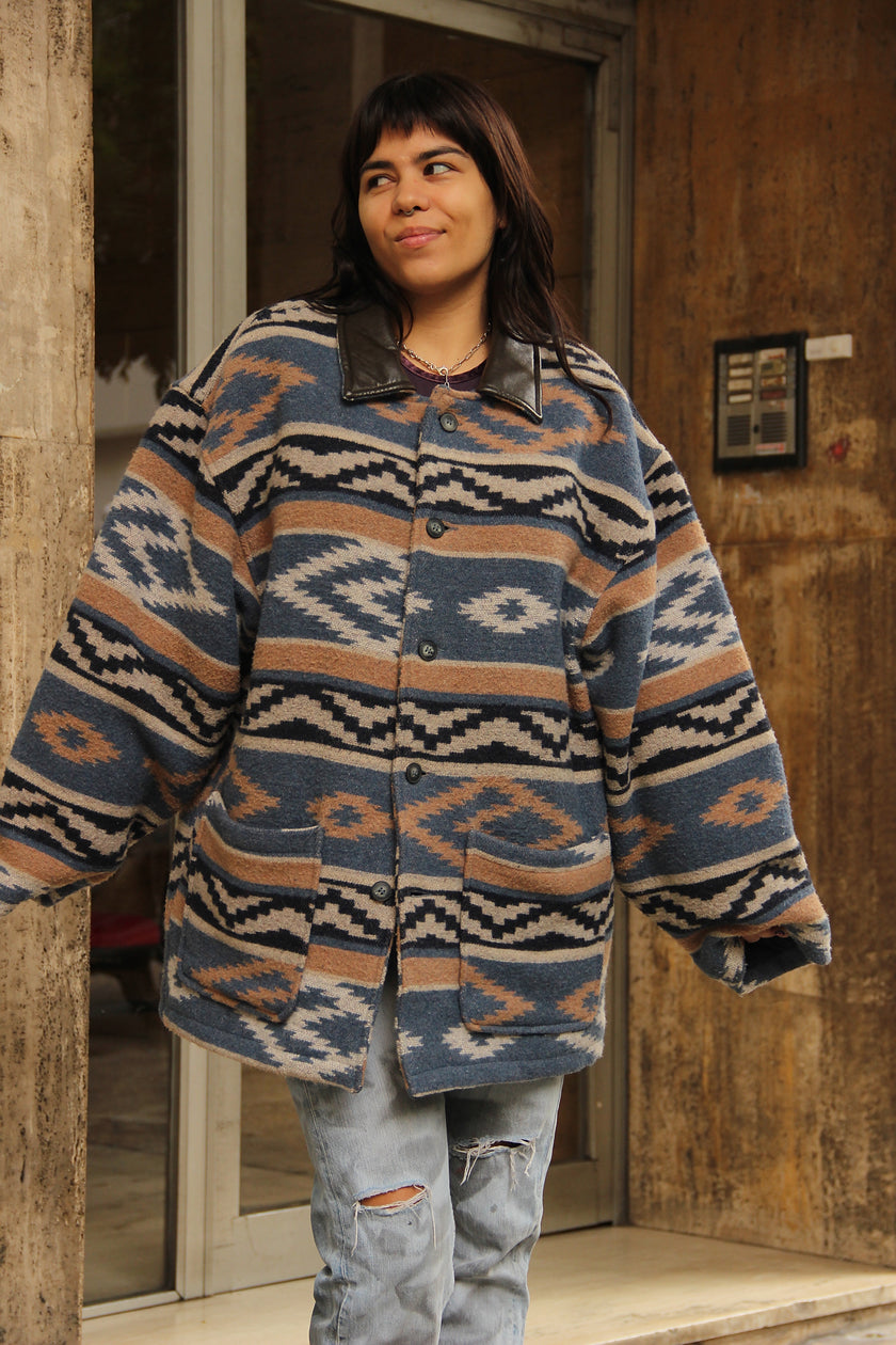 Vintage Men's funky print fleece coat (XXL)
