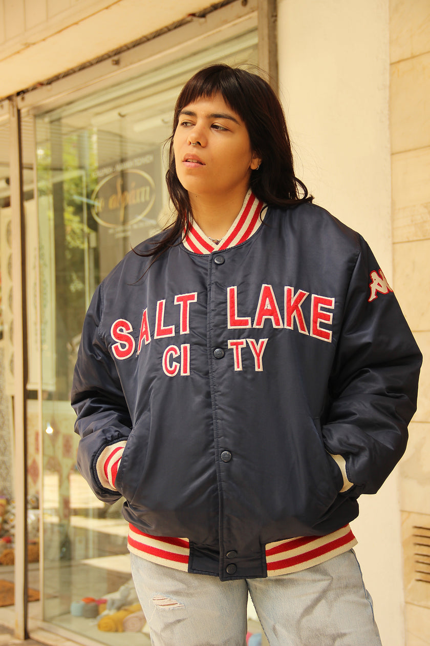 Vintage Salt Lake City Bomber Satin Jacket Navy Blue (L)