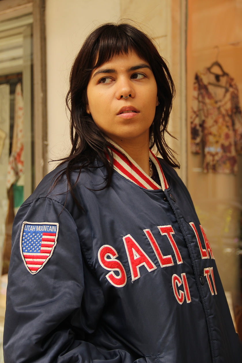 Vintage Salt Lake City Bomber Satin Jacket Navy Blue (L)