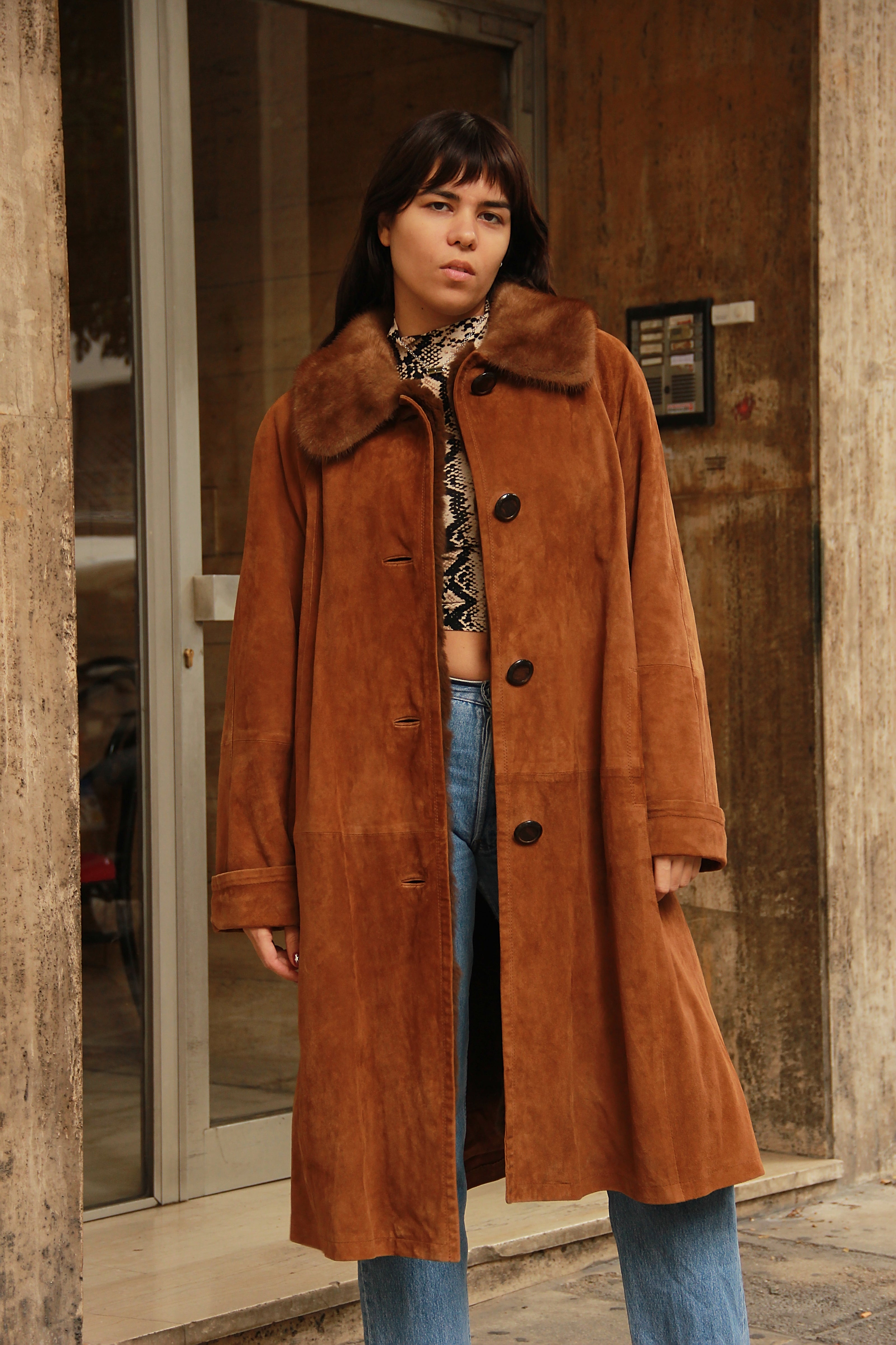 Vintage maxi leather coat with fur lining (L/XL)