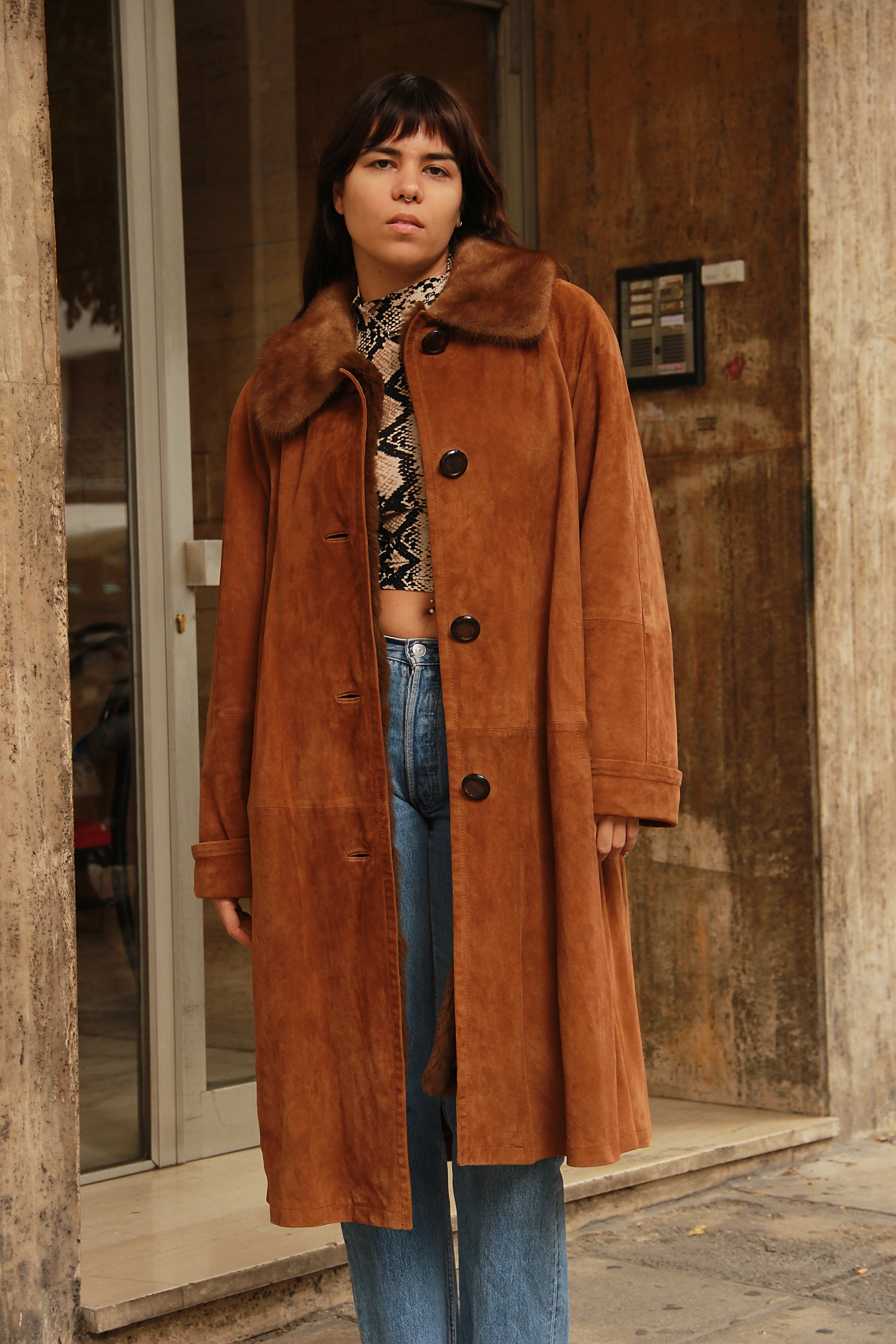 Vintage maxi leather coat with fur lining (L/XL)