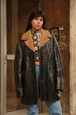 Vintage Men’s dark brown leather coat with tan shearling collar (L/XL)