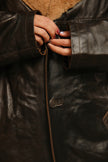 Vintage Men’s dark brown leather coat with tan shearling collar (L/XL)